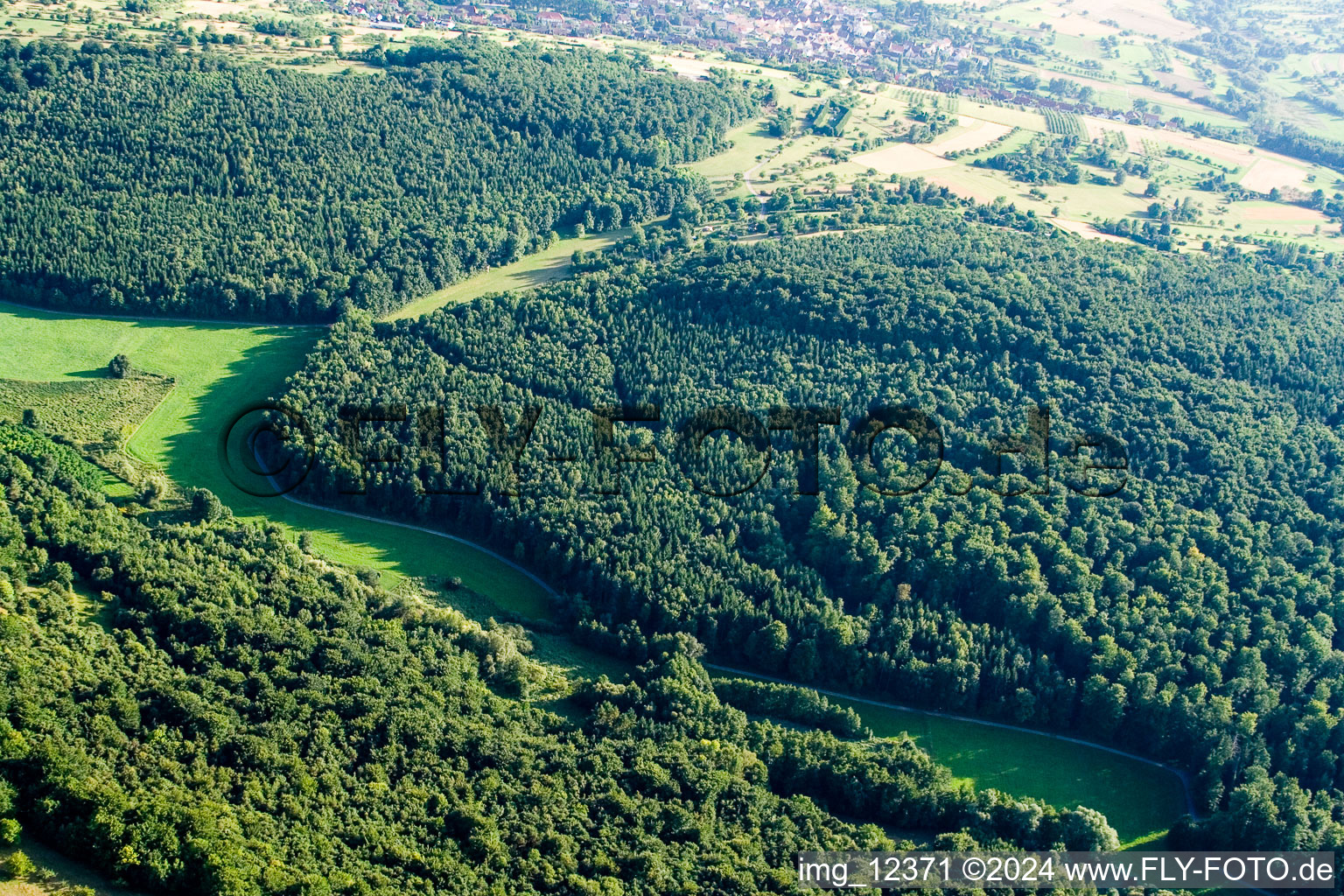 Aerial view of Kettelbachtal Nature Reserve in the district Obernhausen in Birkenfeld in the state Baden-Wuerttemberg, Germany