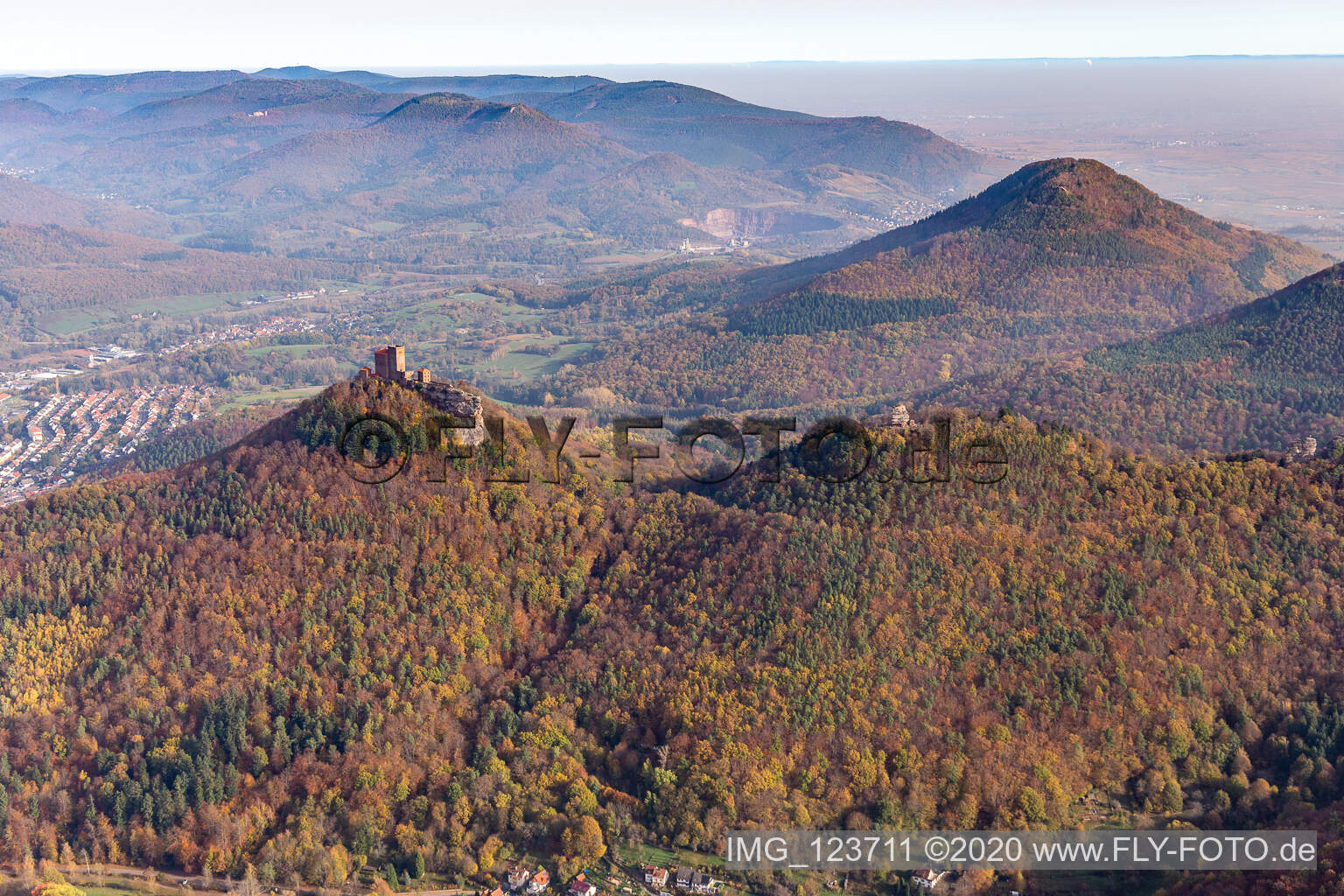 Aerial view of Trifels, Anebos and Scharfenberg castle ruins in Annweiler am Trifels in the state Rhineland-Palatinate, Germany
