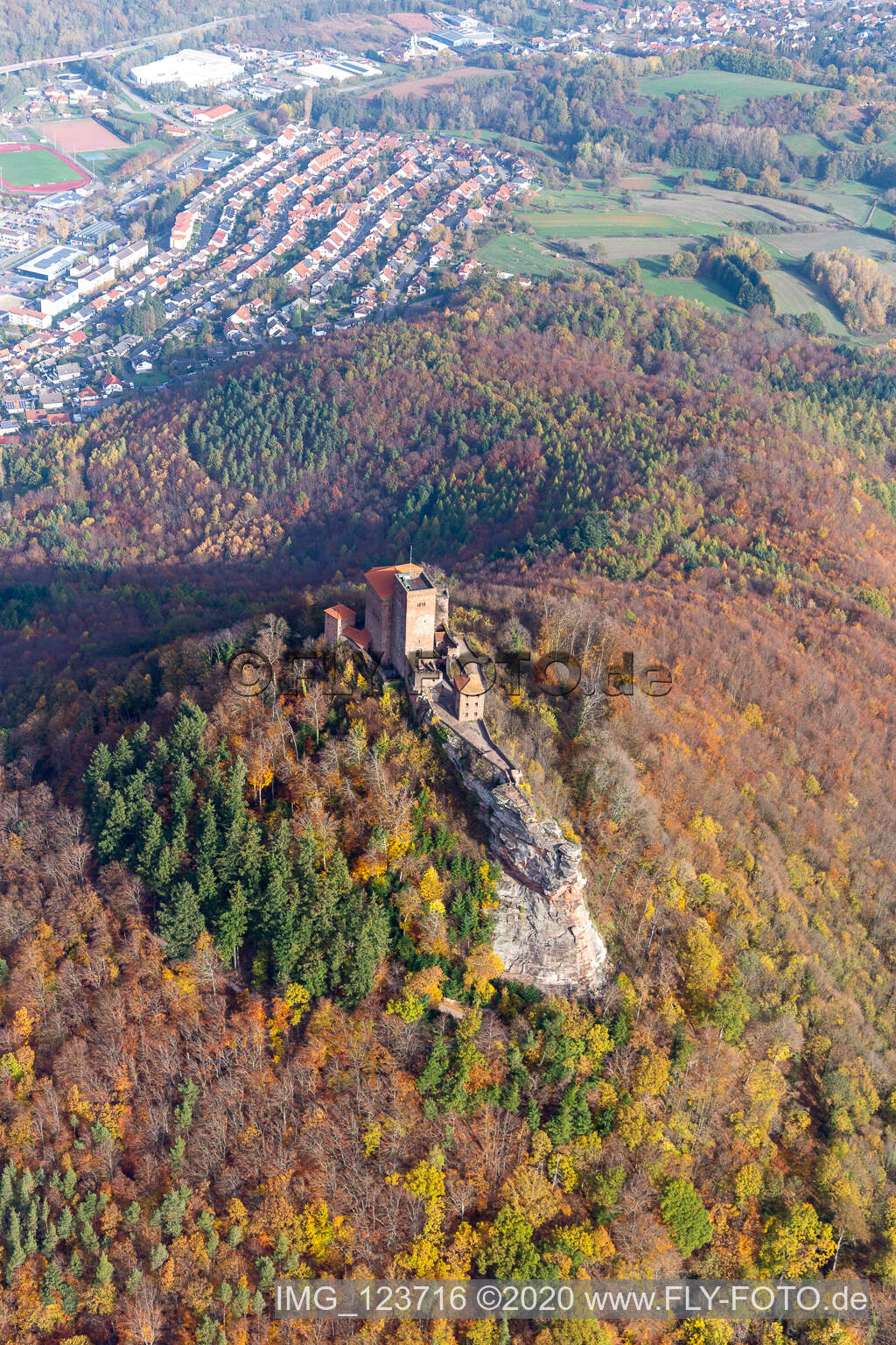 Autumnal discolored vegetation view of the castle of Burg Trifels in Annweiler am Trifels in the state Rhineland-Palatinate