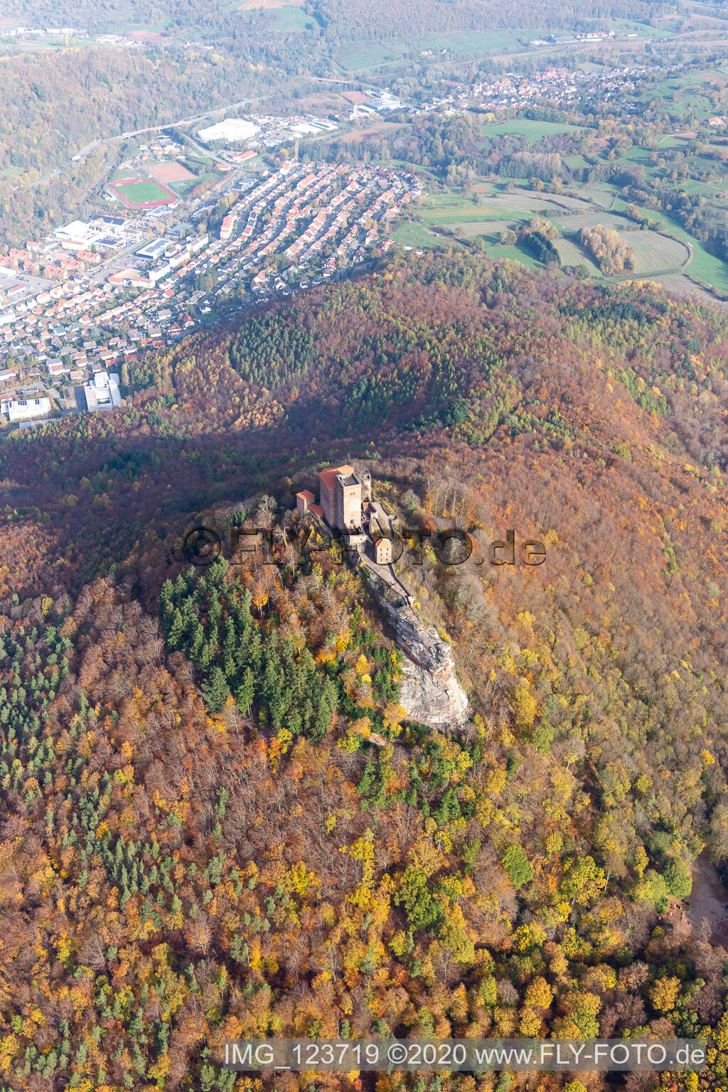 Trifels Castle in Annweiler am Trifels in the state Rhineland-Palatinate, Germany from above