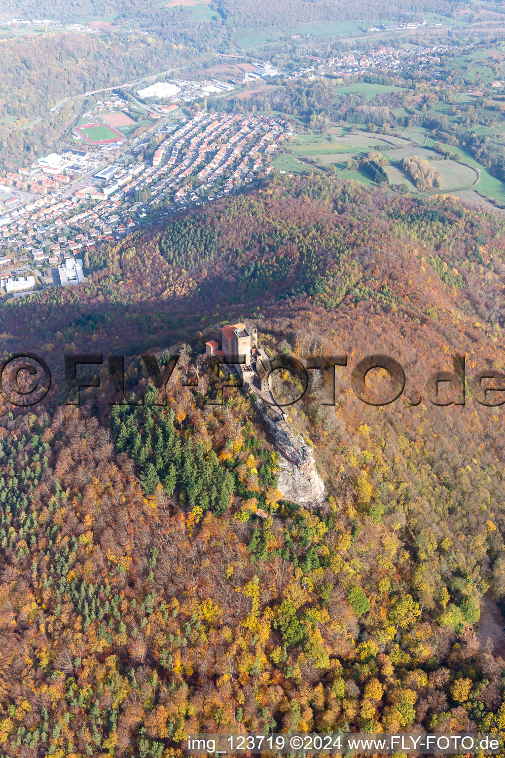 Trifels Castle in Annweiler am Trifels in the state Rhineland-Palatinate, Germany from above