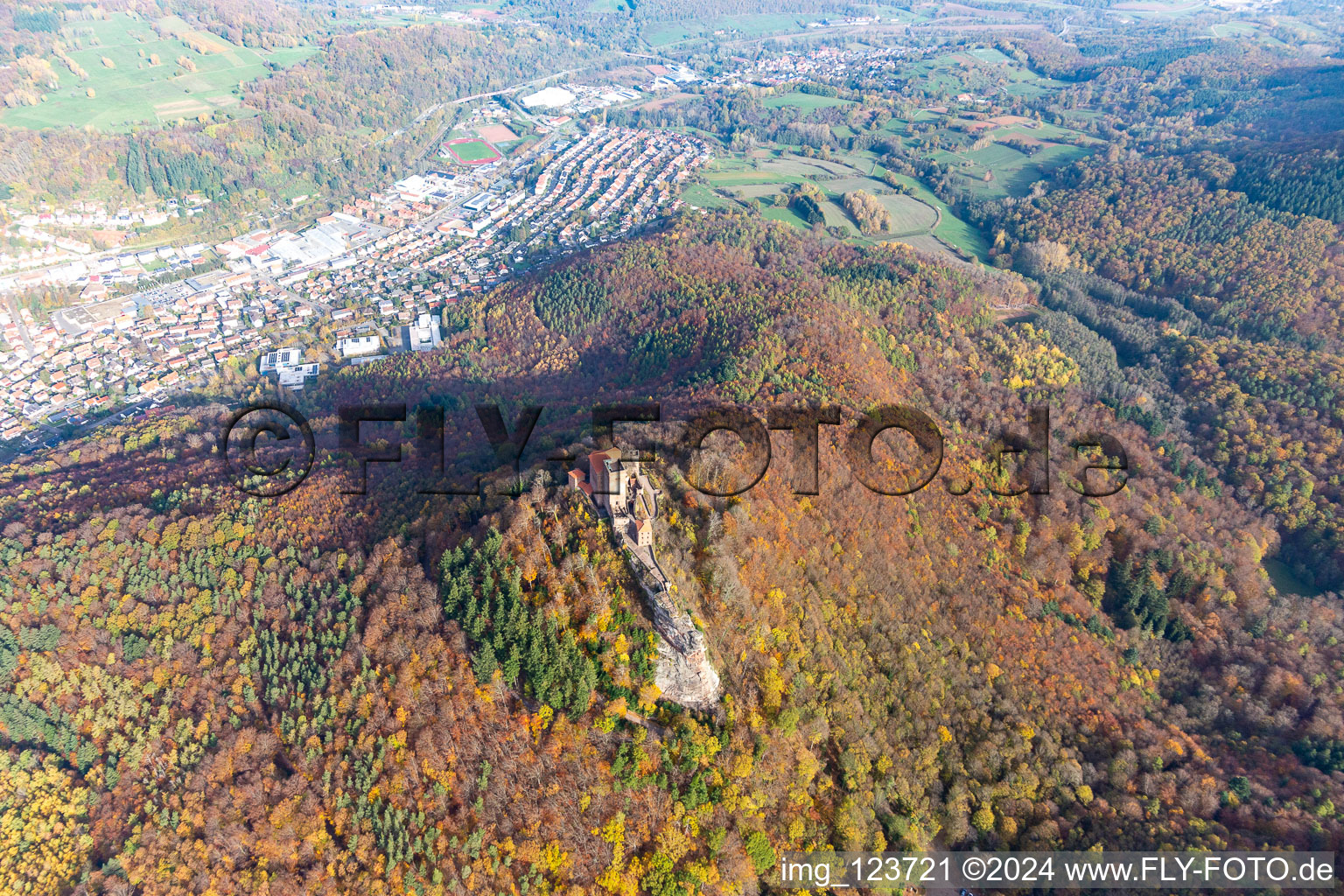 Trifels Castle in Annweiler am Trifels in the state Rhineland-Palatinate, Germany out of the air