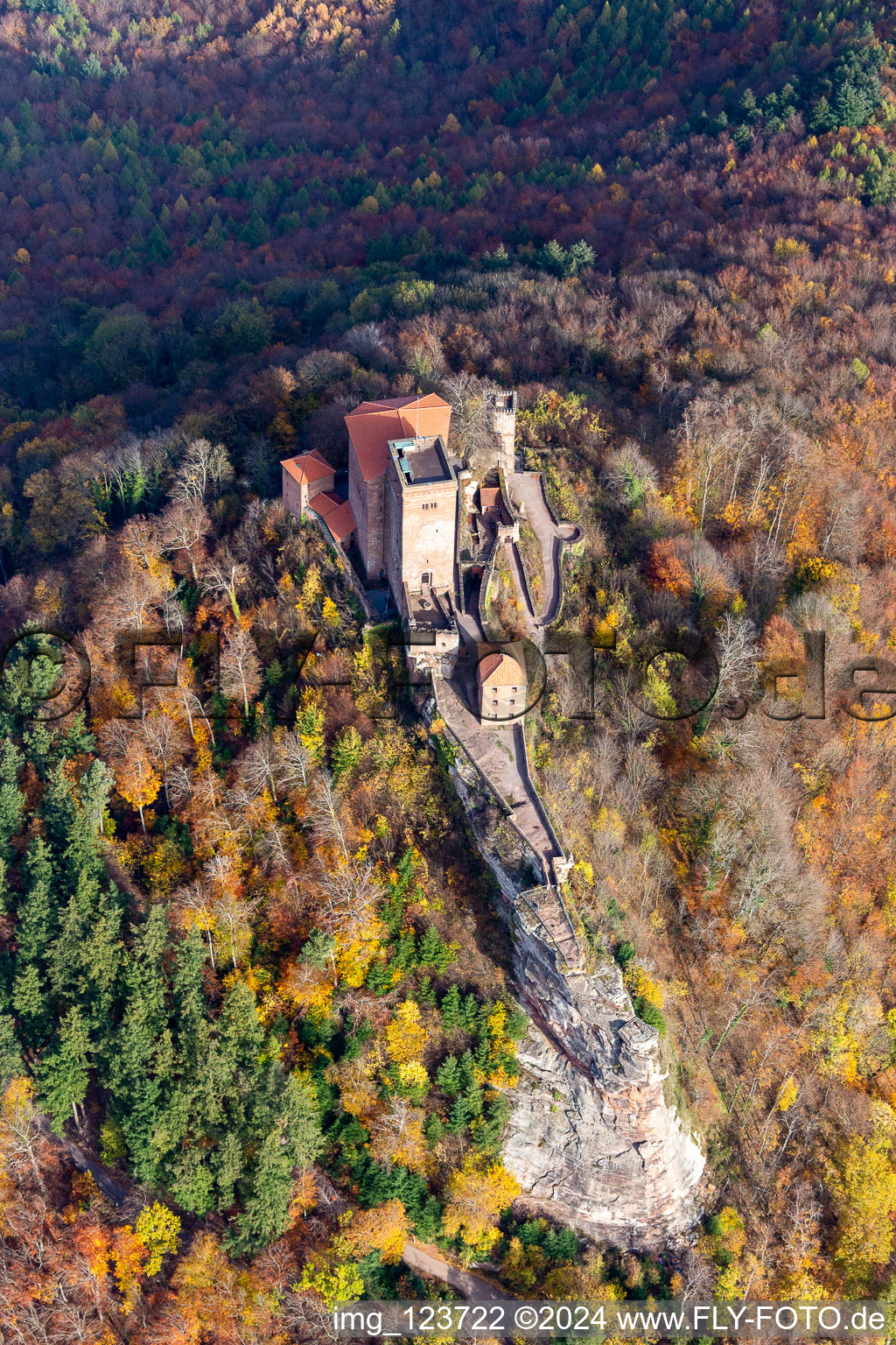 Aerial view of Autumnal discolored vegetation view of the castle of Burg Trifels in Annweiler am Trifels in the state Rhineland-Palatinate