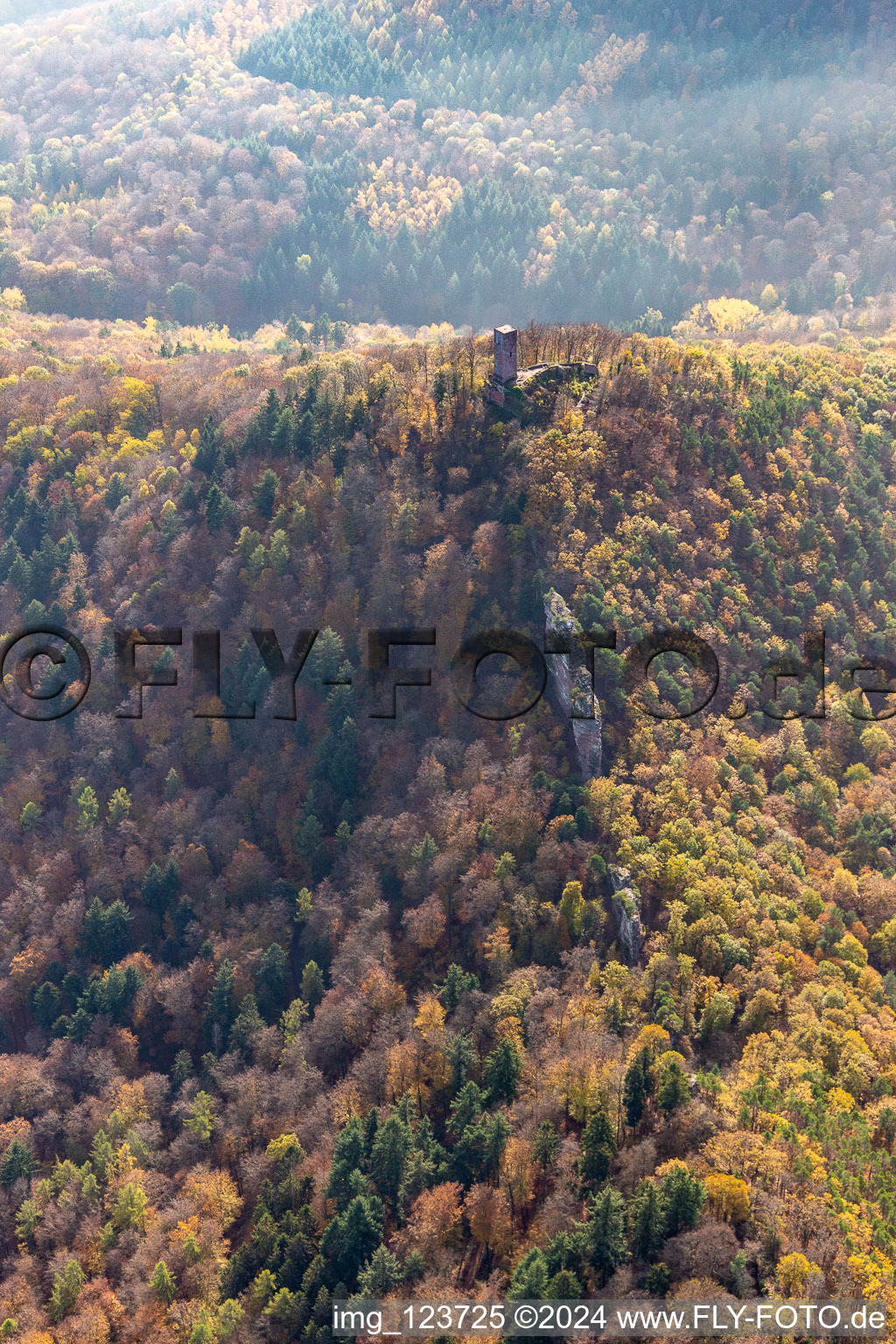 Aerial photograpy of Scharfenberg Castle Ruins in Leinsweiler in the state Rhineland-Palatinate, Germany