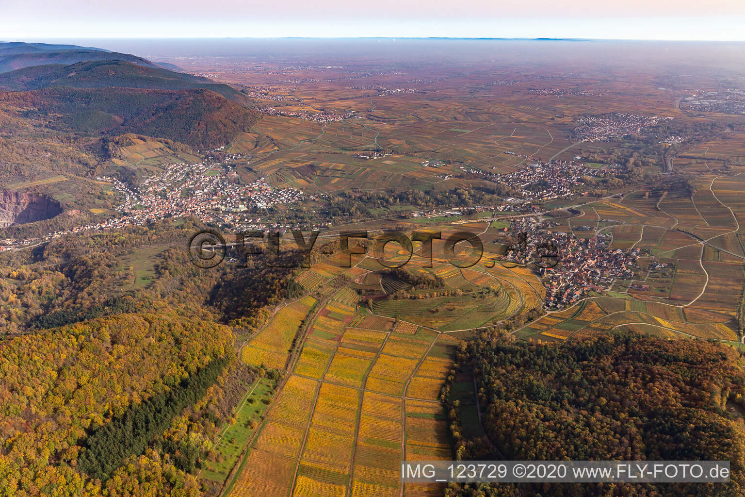 Autumnal discolored vegetation view into the rhine valley landscape from the exit of the Queich valley surrounded by mountains in Albersweiler in the state Rhineland-Palatinate, Germany