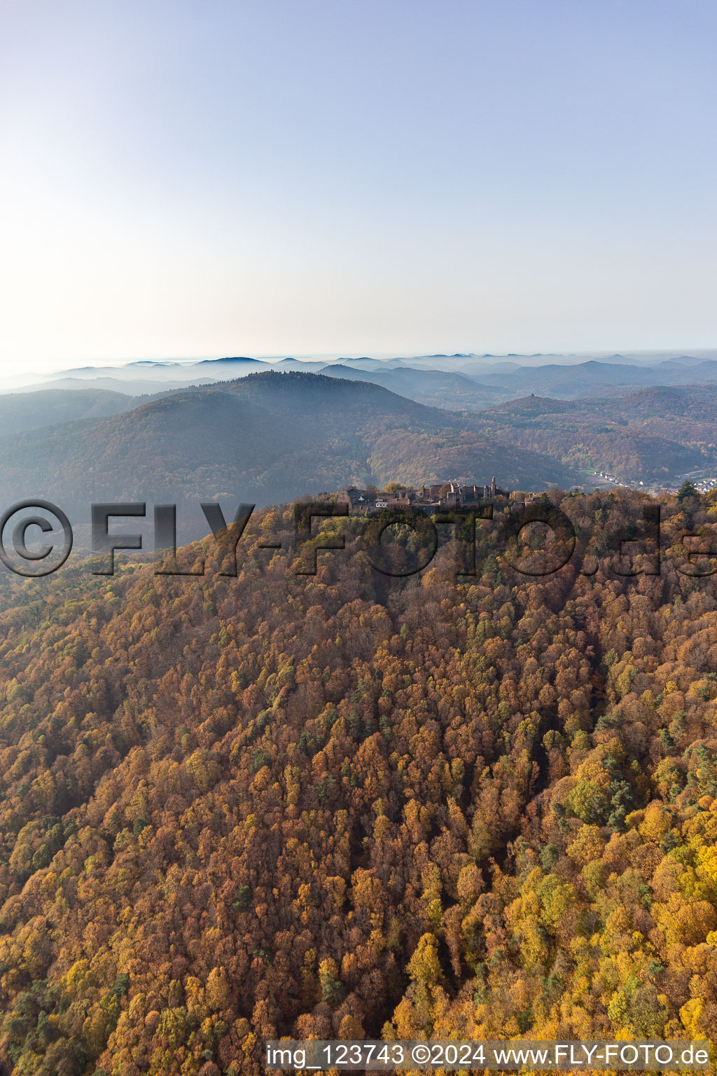 Aerial view of Madenburg Castle Ruins in Eschbach in the state Rhineland-Palatinate, Germany