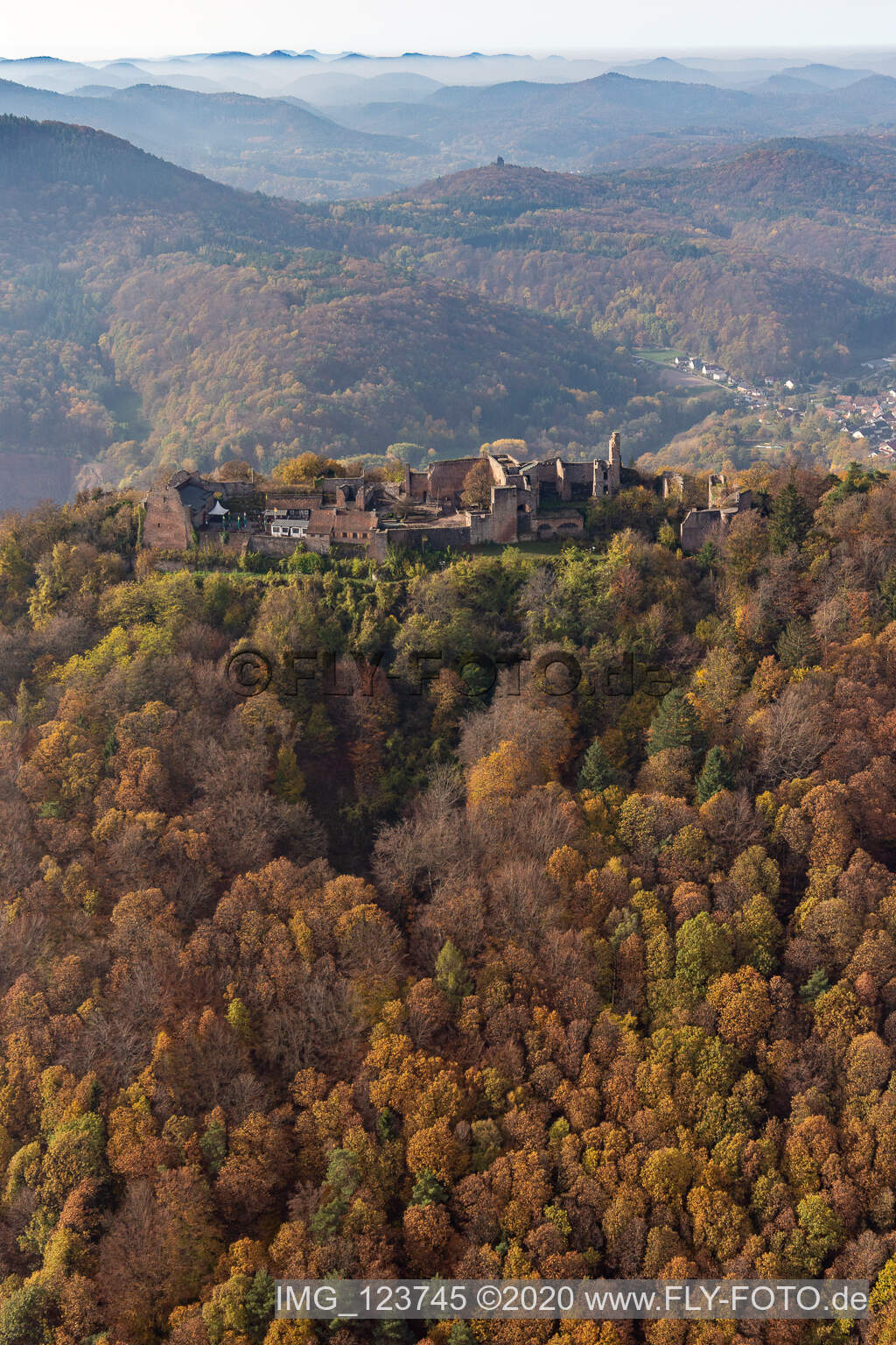Aerial photograpy of Madenburg castle ruins in Eschbach in the state Rhineland-Palatinate, Germany