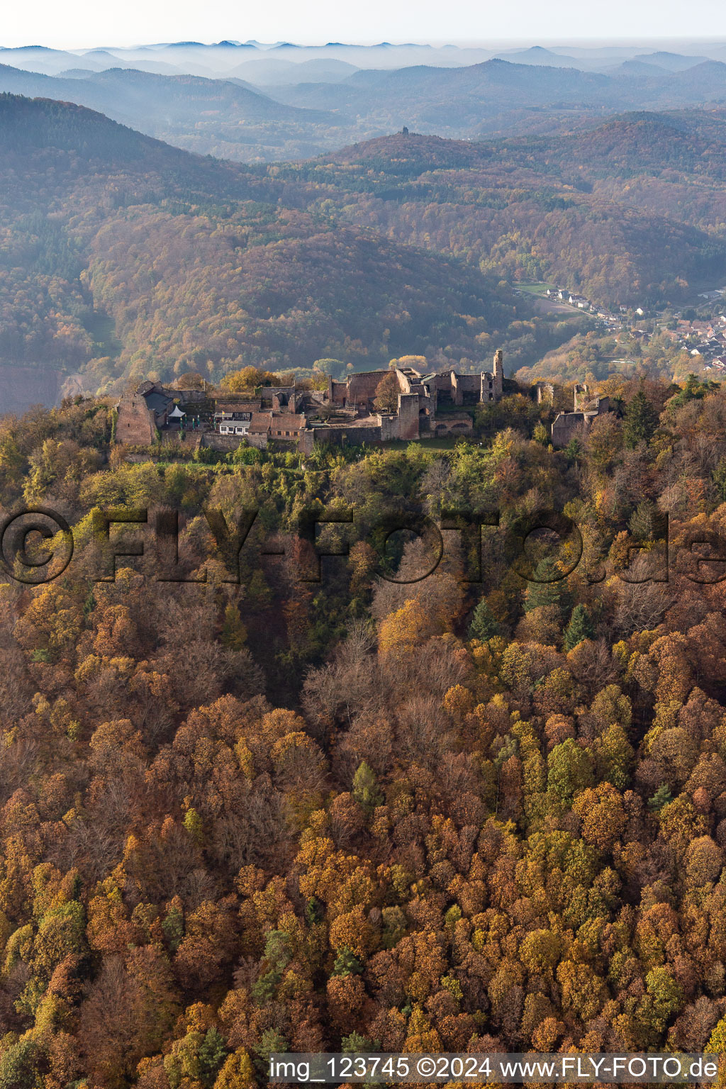 Aerial photograpy of Madenburg castle ruins in Eschbach in the state Rhineland-Palatinate, Germany