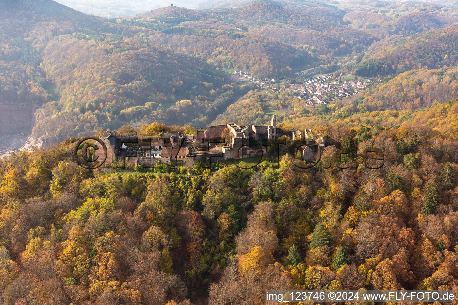 Oblique view of Madenburg Castle Ruins in Eschbach in the state Rhineland-Palatinate, Germany