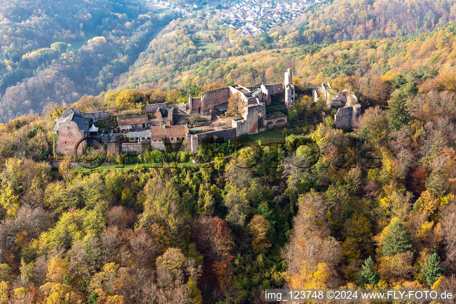 Madenburg Castle Ruins in Eschbach in the state Rhineland-Palatinate, Germany from above