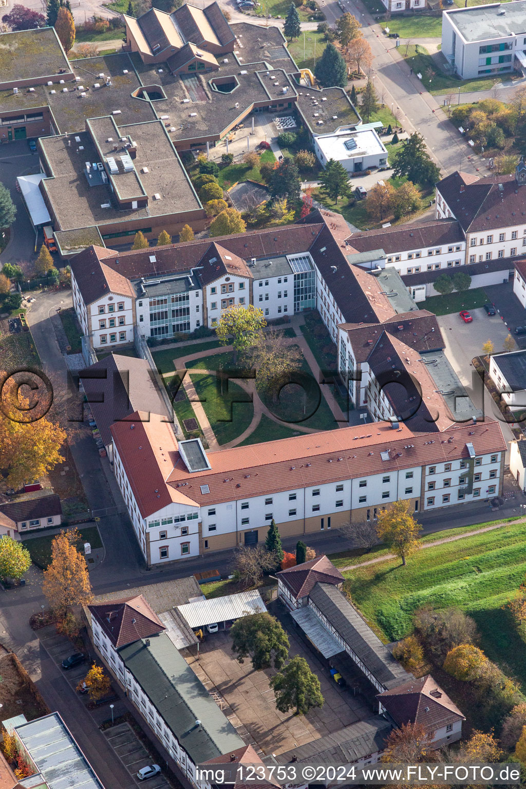 Aerial view of Hospital grounds of the Clinic Klinik fuer Kinder-/Jugendpsychiatrie and -psychotherapie in the district Pfalzklinik Landeck in Klingenmuenster in the state Rhineland-Palatinate, Germany