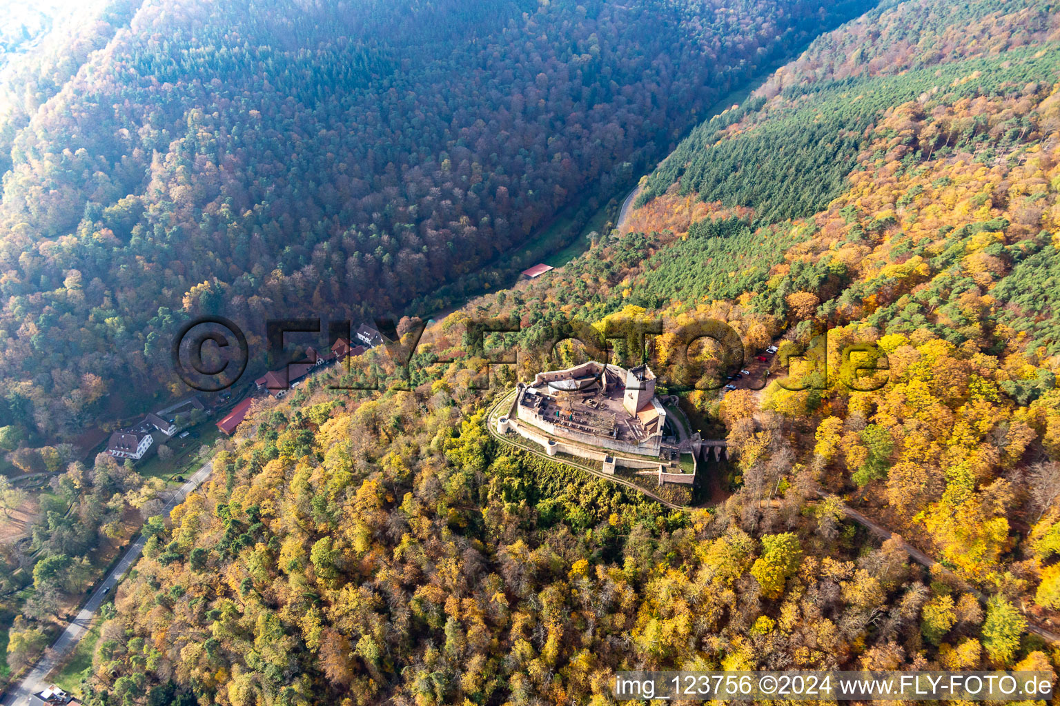 Aerial view of Autumnal discolored vegetation view ruins and vestiges of the former fortress Burg Landeck in Klingenmuenster in the state Rhineland-Palatinate, Germany