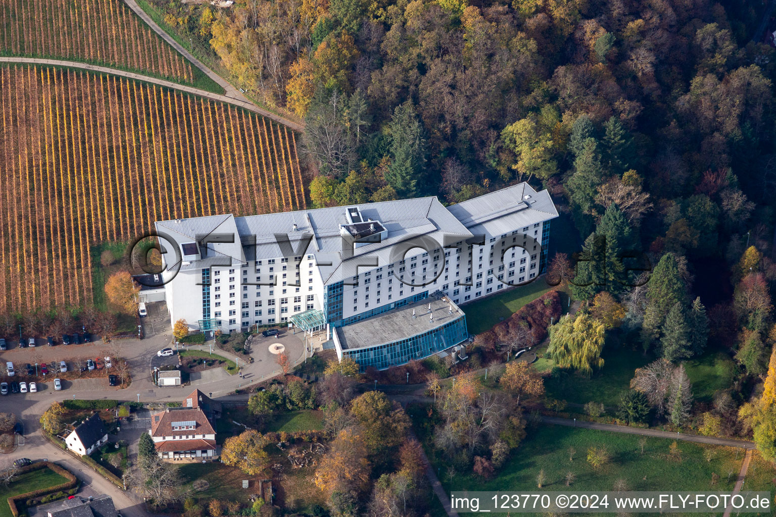 Aerial view of Hospital grounds of the rehabilitation center Edith-Stein-Fachklinik Klinik fuer Neurologie in Bad Bergzabern in the state Rhineland-Palatinate, Germany