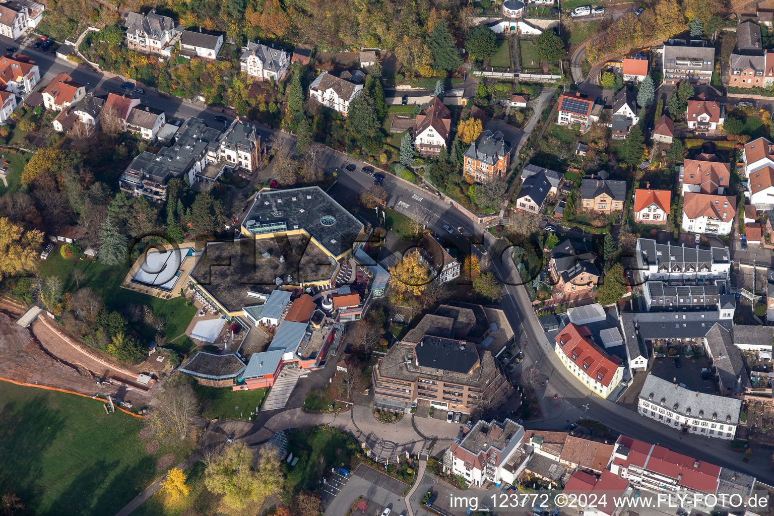 Aerial view of Spa and swimming pools at the swimming pool of the leisure facility Suedpfalz Therme in Bad Bergzabern in the state Rhineland-Palatinate, Germany