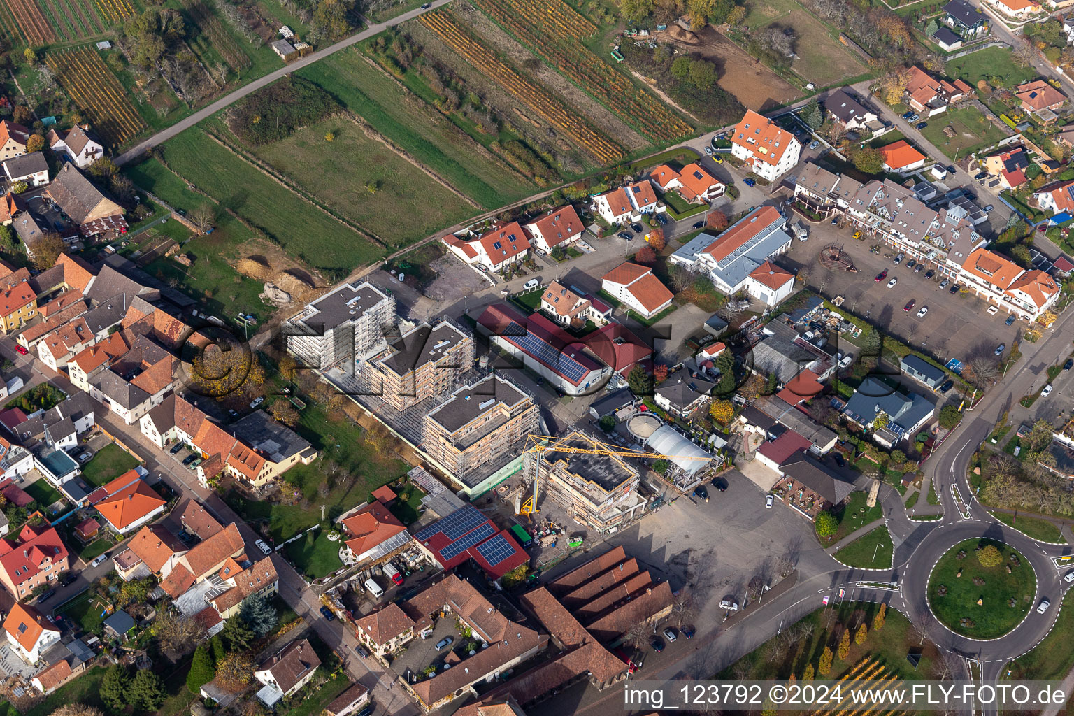 Construction site for four multi-family residential buildings in the Sylvaner street in Schweigen-Rechtenbach in the state Rhineland-Palatinate, Germany