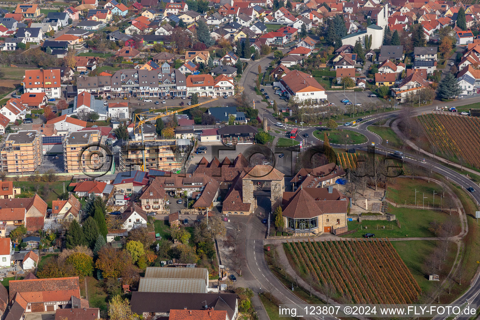 Aerial view of German Wine Gate in the district Schweigen in Schweigen-Rechtenbach in the state Rhineland-Palatinate, Germany