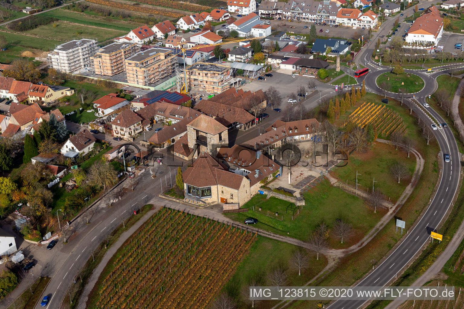 Aerial photograpy of German wine gate in the district Schweigen in Schweigen-Rechtenbach in the state Rhineland-Palatinate, Germany