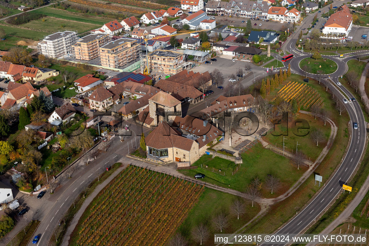 Aerial photograpy of German wine gate in the district Schweigen in Schweigen-Rechtenbach in the state Rhineland-Palatinate, Germany