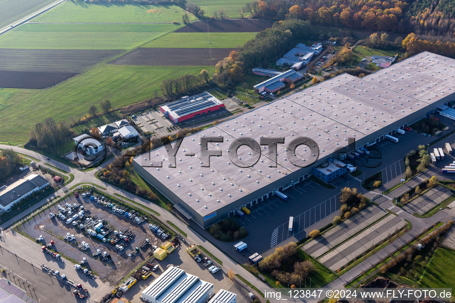 Horst industrial estate with Magna Exteriors, Zufall Logistics, STS Group and Thermo Fisher in the district Minderslachen in Kandel in the state Rhineland-Palatinate, Germany from the plane