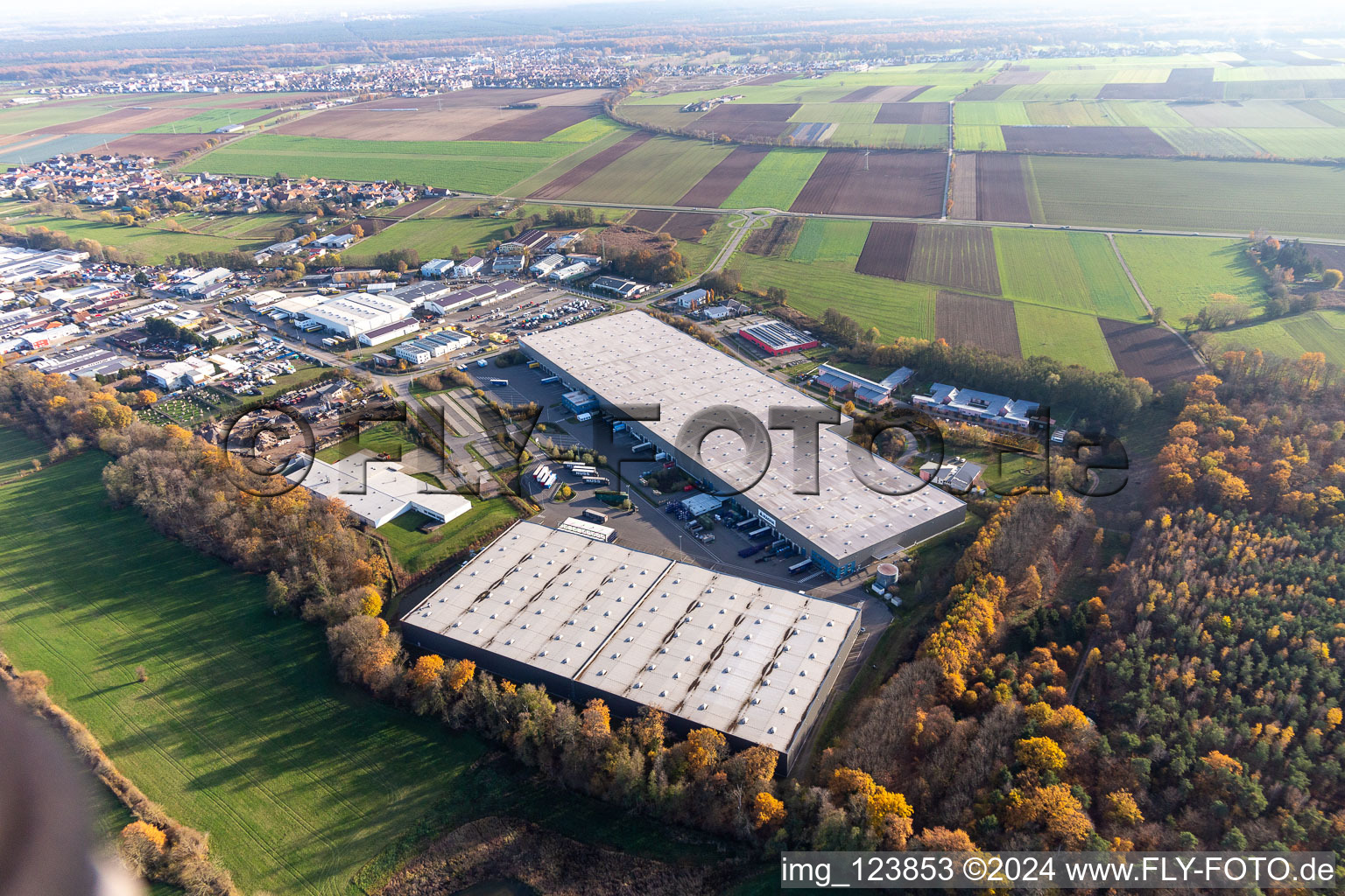 Horst industrial estate with Magna Exteriors, Zufall Logistics, STS Group and Thermo Fisher in the district Minderslachen in Kandel in the state Rhineland-Palatinate, Germany from a drone