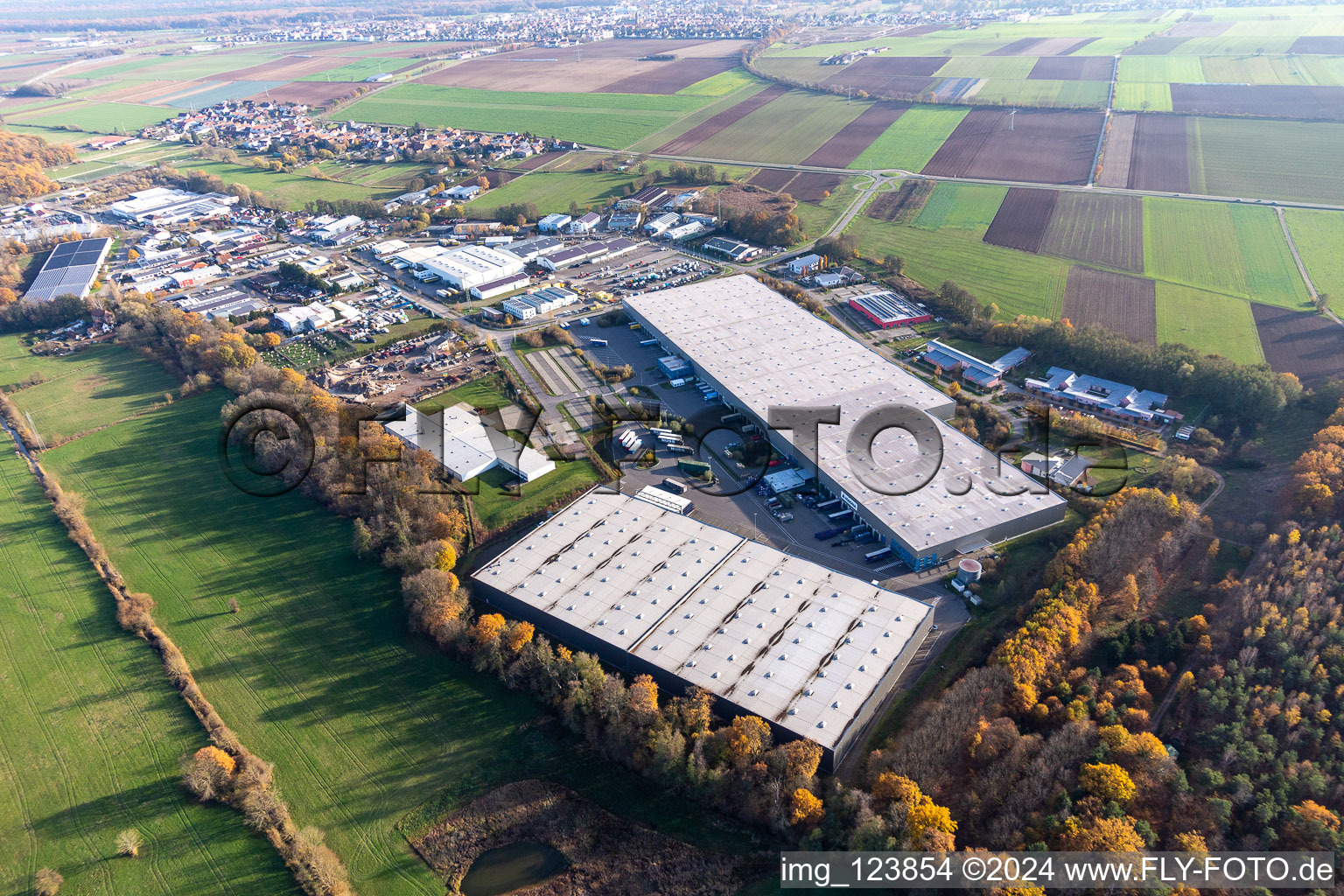 Horst commercial area with Magna Exteriors, Random Logistics, STS Group and Thermo Fisher in the district Minderslachen in Kandel in the state Rhineland-Palatinate, Germany seen from a drone