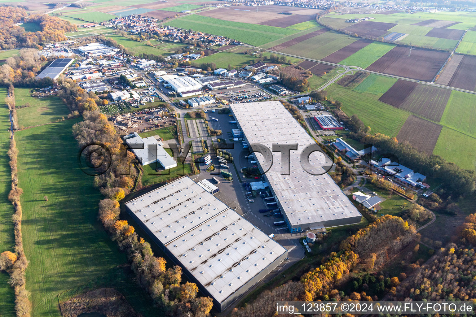 Oblique view of Industrial estate and company settlement Horst with Friedrich Zufall GmbH & Co. KG Internationale Spedition, Magna Exteriors, STS Group and Thermo Fisher in the district Minderslachen in Kandel in the state Rhineland-Palatinate, Germany