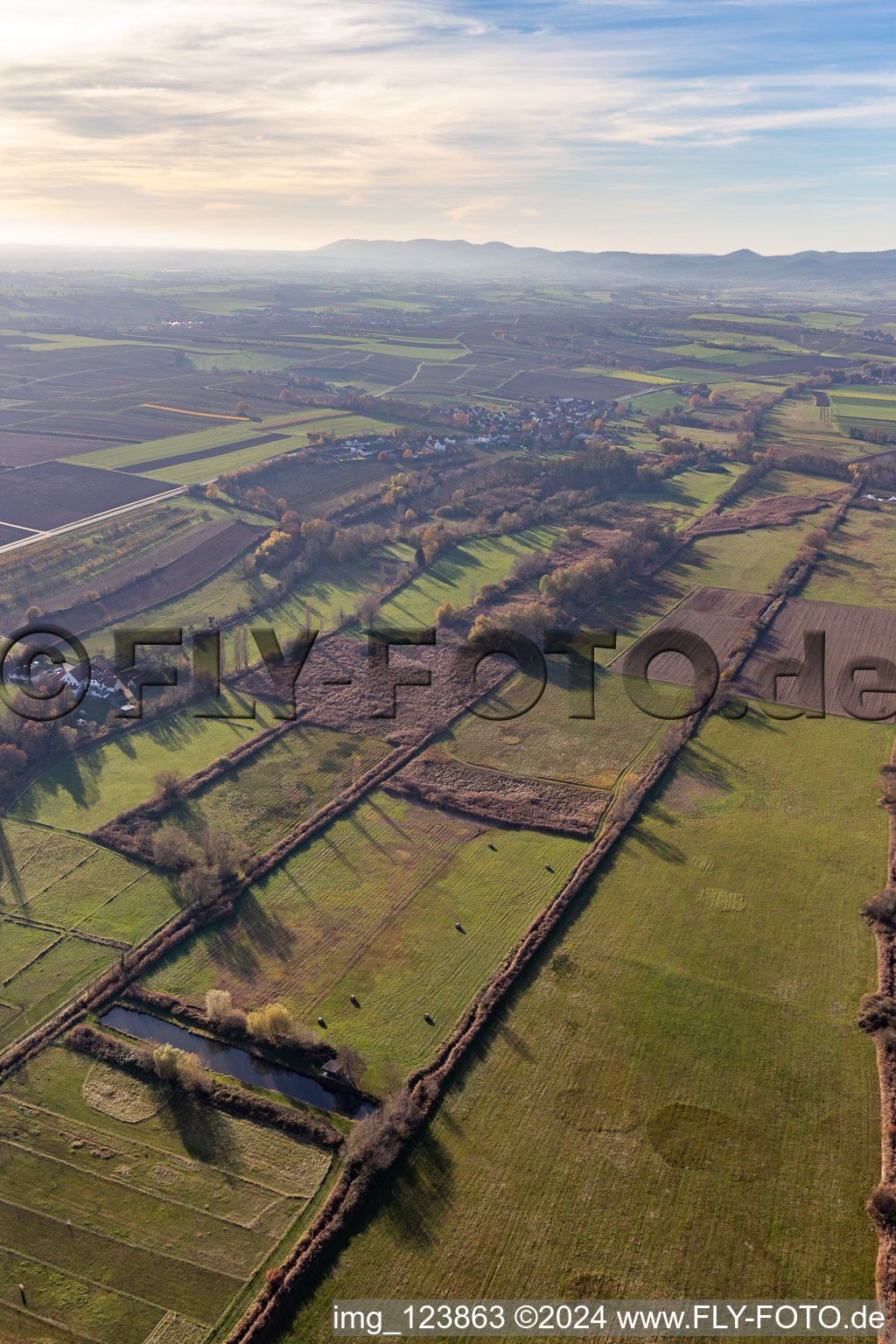 Aerial view of Billigheimer Bruch, Erlenbachtal between Barbelroth, Hergersweiler and Winden in the district Mühlhofen in Billigheim-Ingenheim in the state Rhineland-Palatinate, Germany