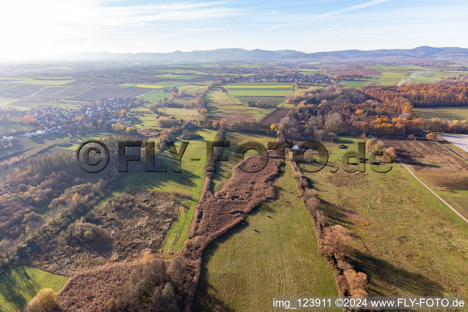 Aerial view of Billigheimer Bruch, Erlenbachtal between Barbelroth, Hergersweiler and Winden in Winden in the state Rhineland-Palatinate, Germany