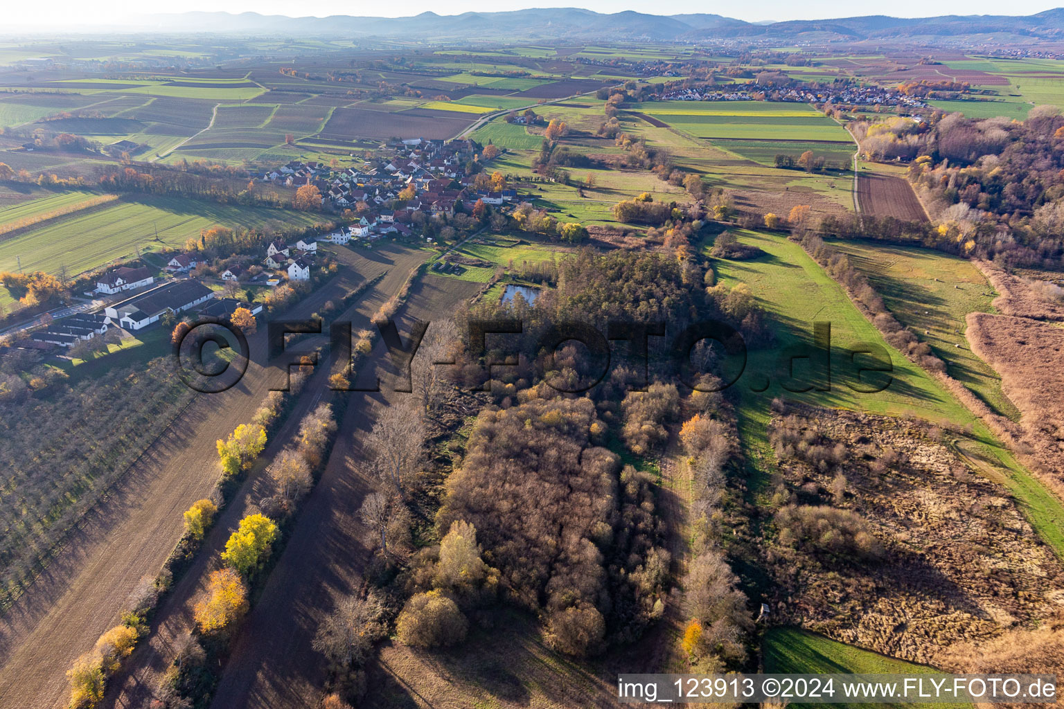 Aerial photograpy of Billigheimer Bruch, Erlenbachtal between Barbelroth, Hergersweiler and Winden in Winden in the state Rhineland-Palatinate, Germany