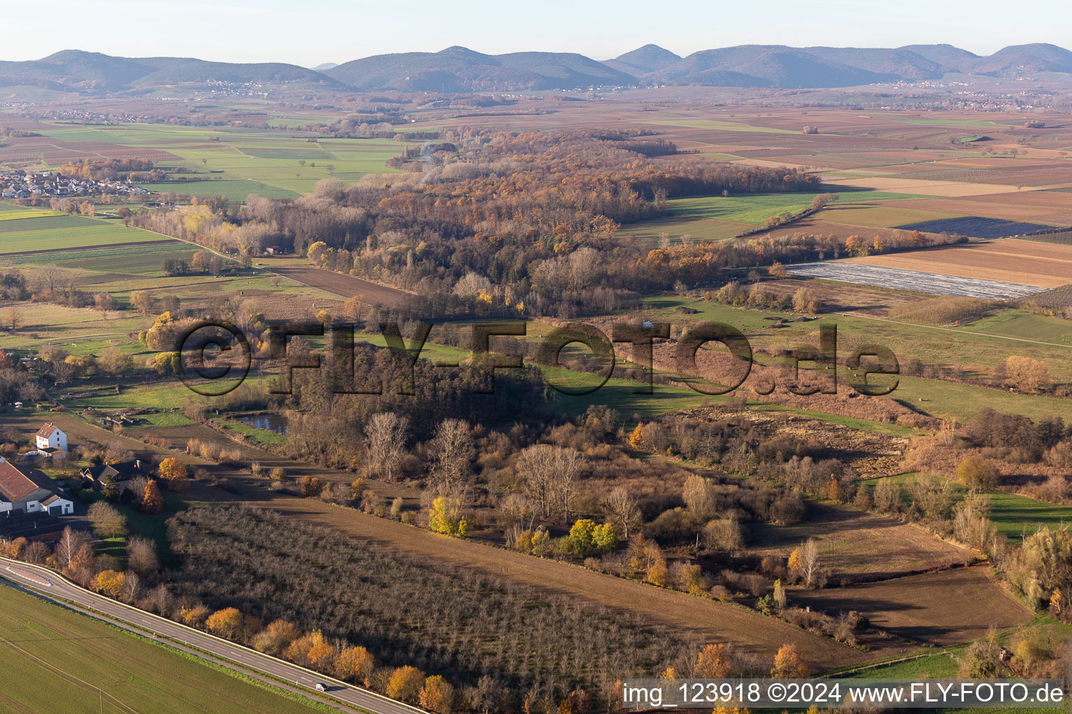 Billigheimer Bruch, Erlenbachtal between Barbelroth, Hergersweiler and Winden in Winden in the state Rhineland-Palatinate, Germany seen from above