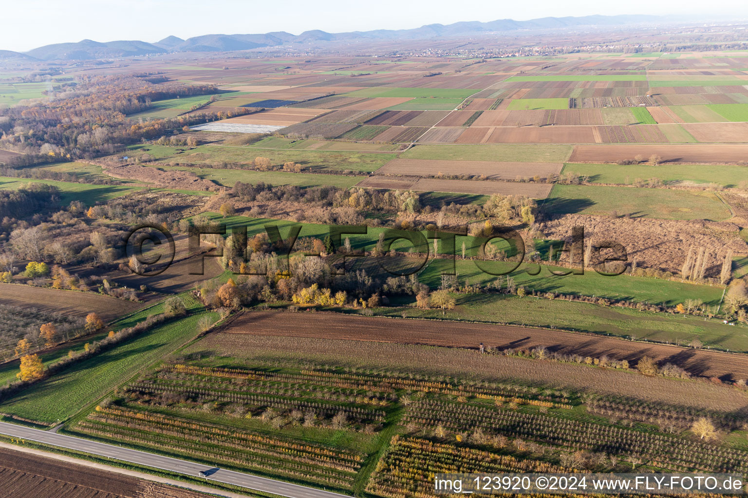 Bird's eye view of Billigheimer Bruch, Erlenbachtal between Barbelroth, Hergersweiler and Winden in Winden in the state Rhineland-Palatinate, Germany