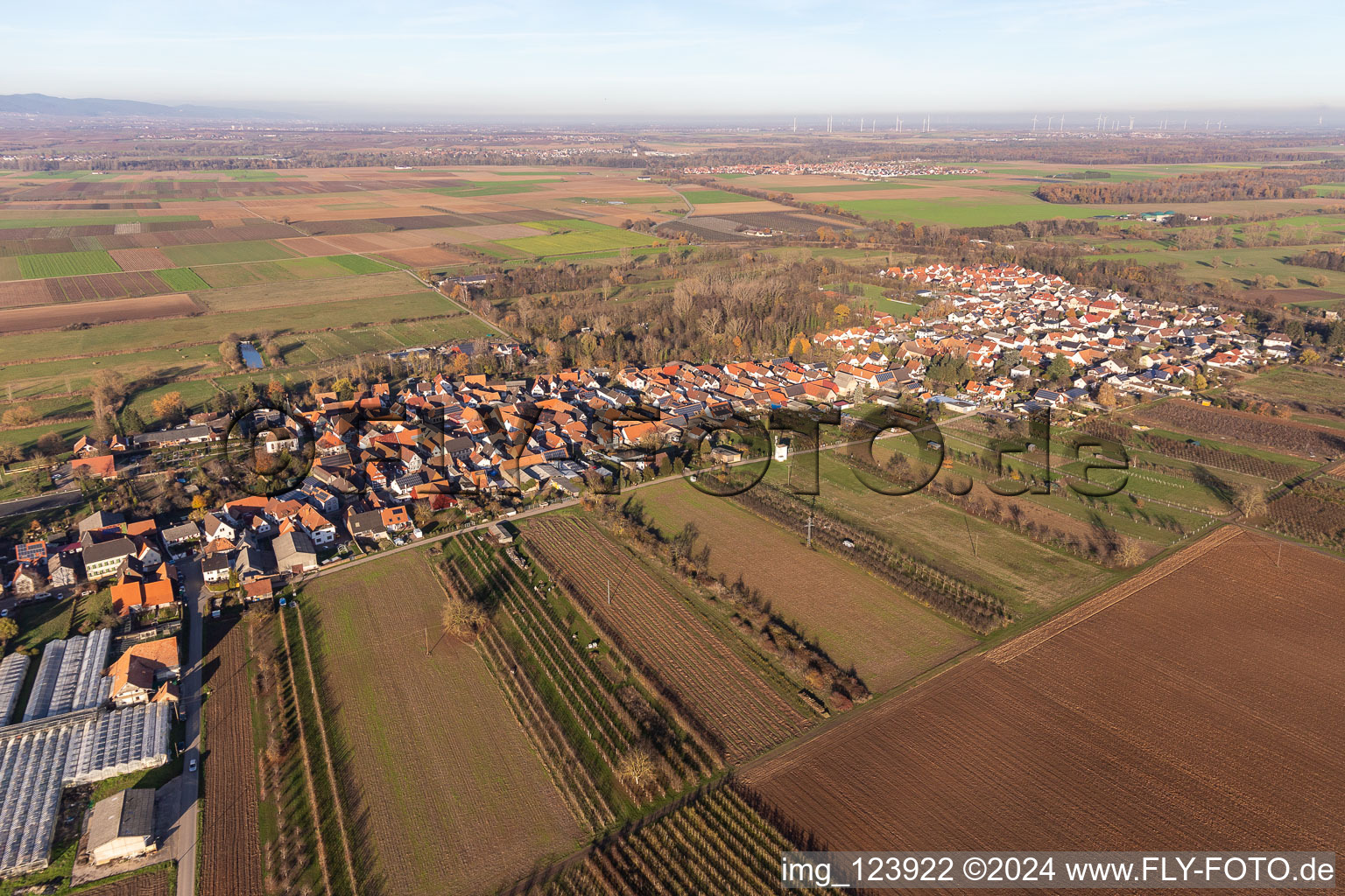 Aerial view of Village view on the edge of agricultural fields and land in Winden in the state Rhineland-Palatinate, Germany