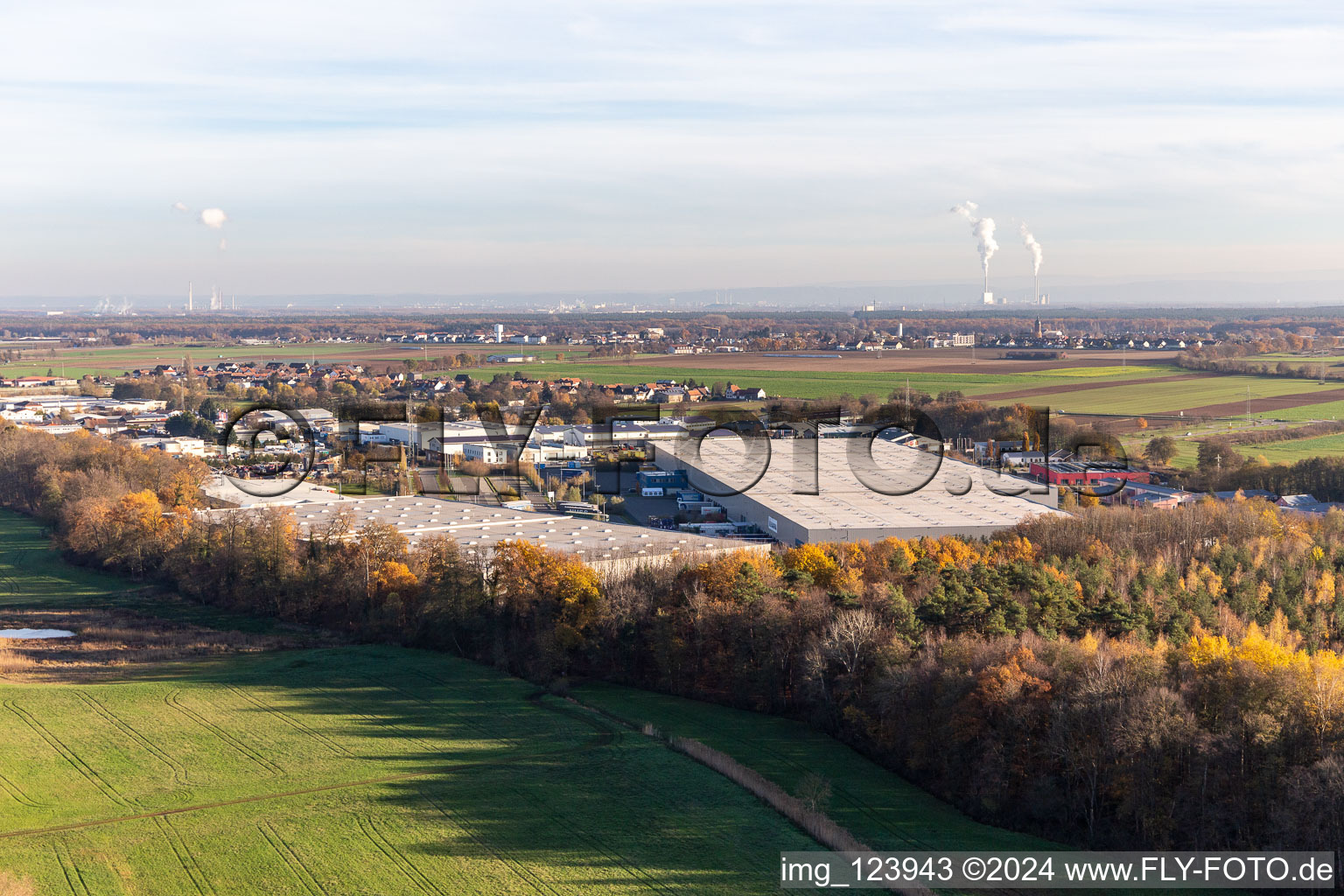 Oblique view of Horst commercial area with Magna Exteriors, Random Logistics, STS Group and Thermo Fisher in the district Minderslachen in Kandel in the state Rhineland-Palatinate, Germany