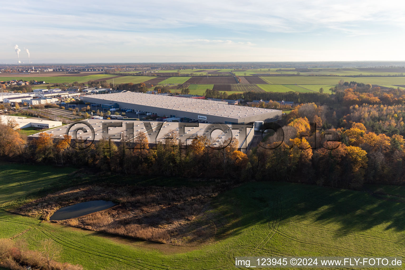 Horst industrial estate with Magna Exteriors, Zufall Logistics, STS Group and Thermo Fisher in the district Minderslachen in Kandel in the state Rhineland-Palatinate, Germany out of the air