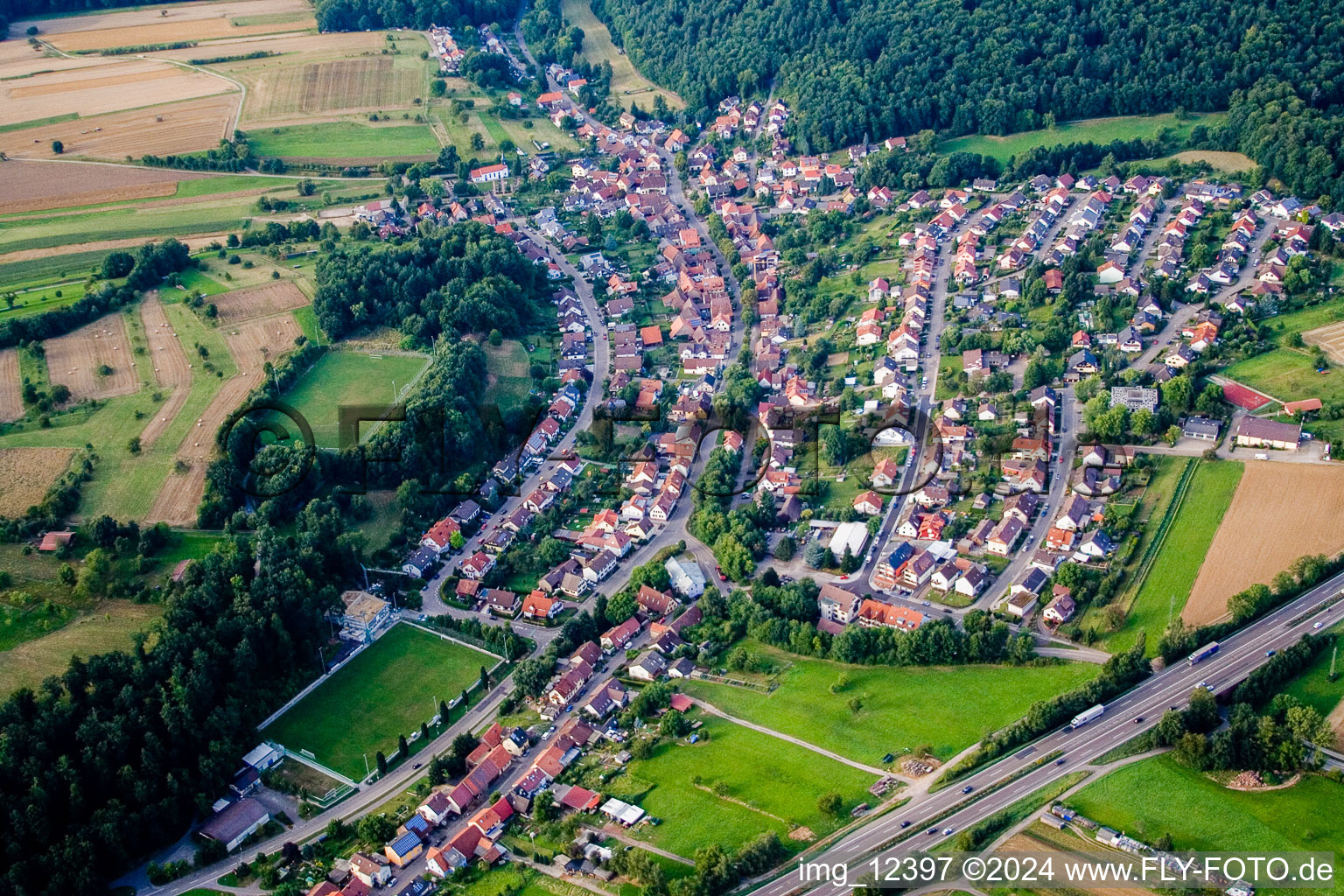 Aerial view of Village view in the district Mutschelbach in Karlsbad in the state Baden-Wurttemberg, Germany