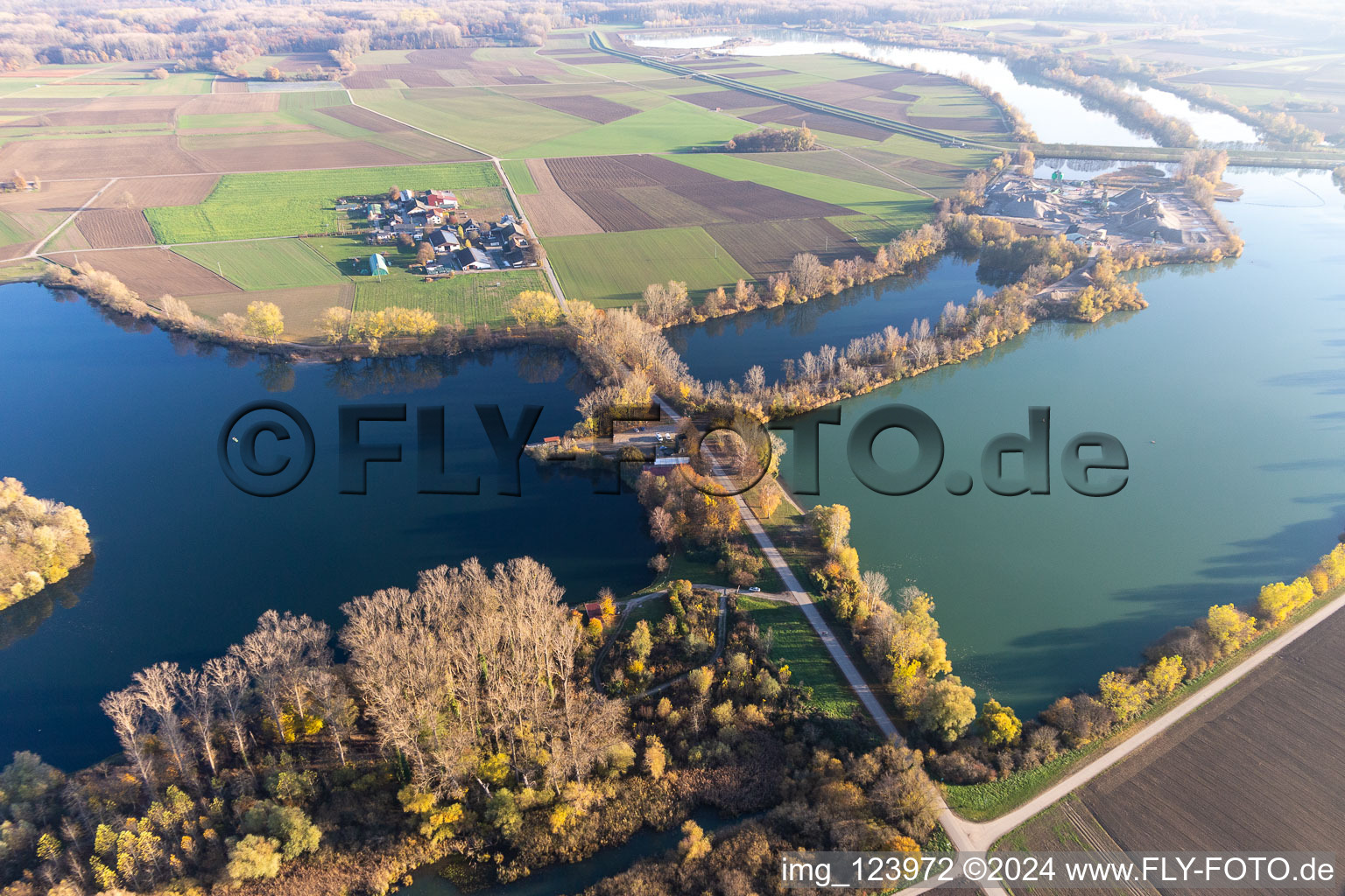 Aerial view of Anglerheim am Altrhein in Neupotz in the state Rhineland-Palatinate, Germany