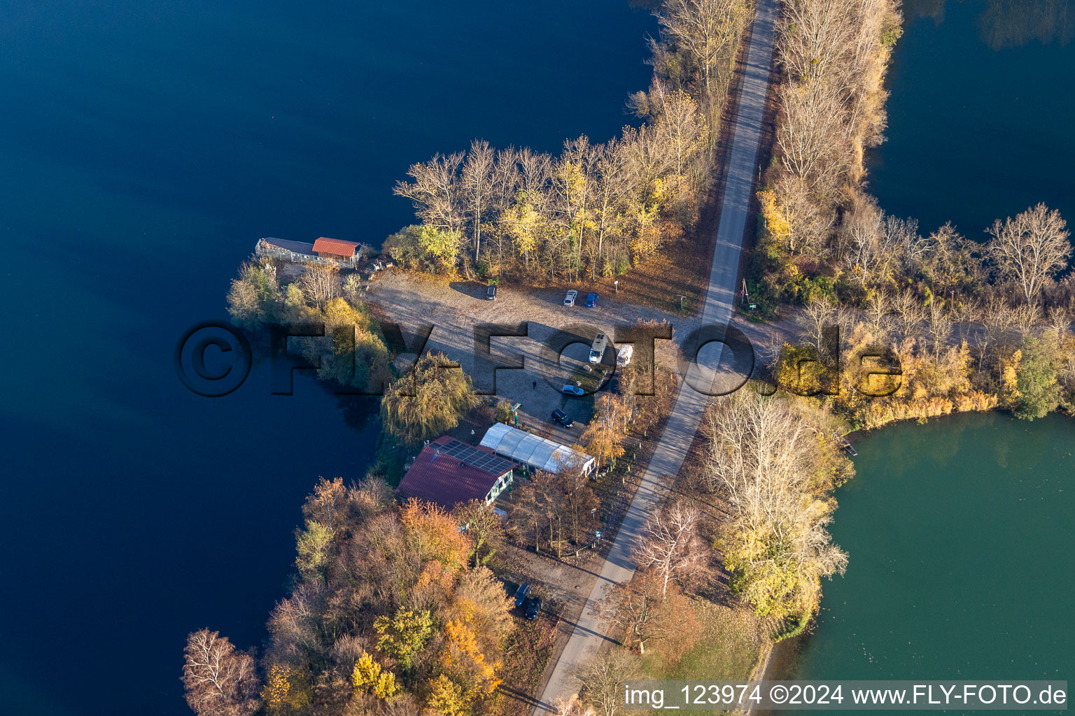 Aerial photograpy of Anglerheim am Altrhein in Neupotz in the state Rhineland-Palatinate, Germany