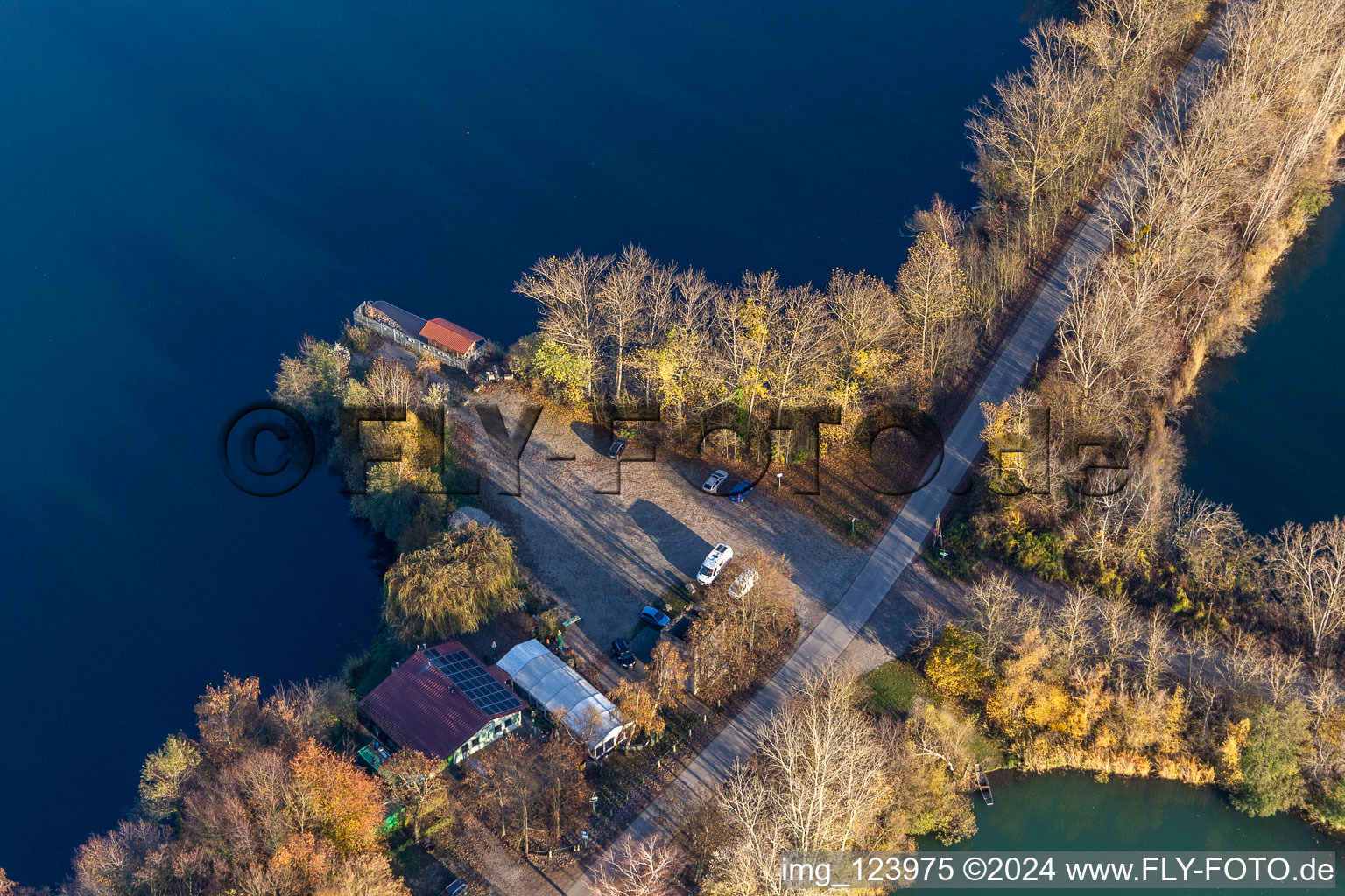 Oblique view of Fishing home on the Old Rhine in Neupotz in the state Rhineland-Palatinate, Germany