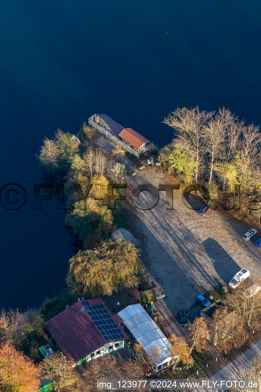 Fishing home on the Old Rhine in Neupotz in the state Rhineland-Palatinate, Germany out of the air