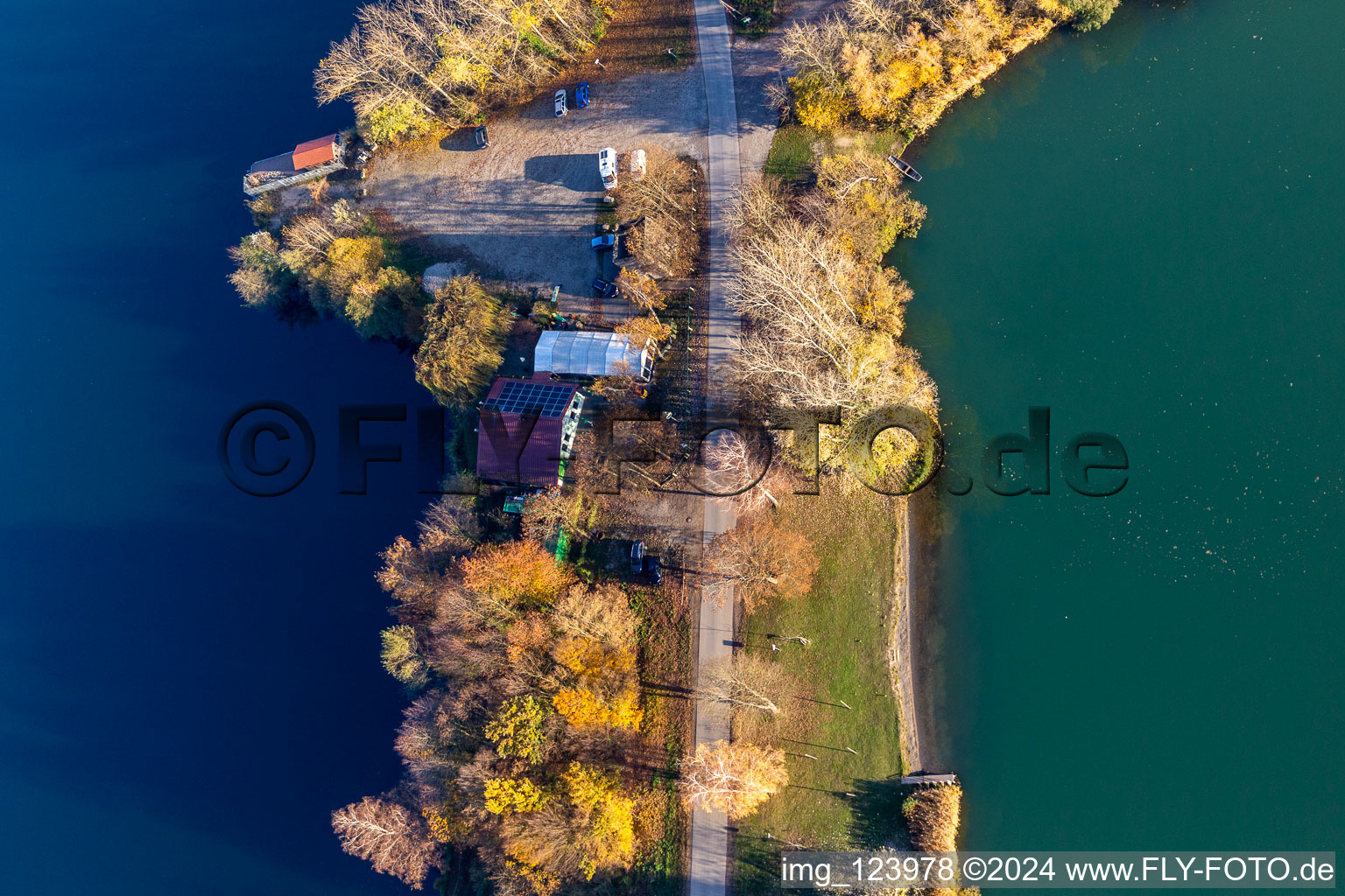 Fishing home on the Old Rhine in Neupotz in the state Rhineland-Palatinate, Germany seen from above