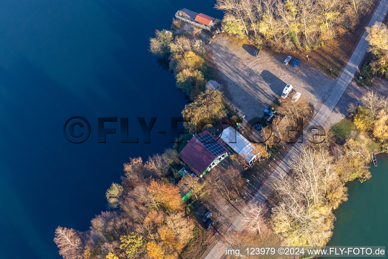 Fishing home on the Old Rhine in Neupotz in the state Rhineland-Palatinate, Germany from the plane