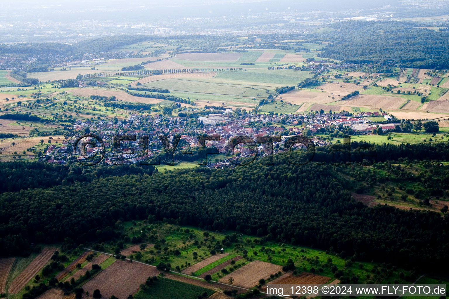 From the south in the district Stupferich in Karlsruhe in the state Baden-Wuerttemberg, Germany