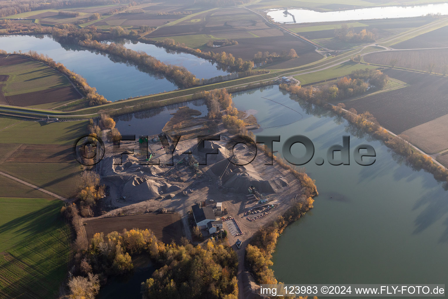 Aerial view of Heidelberg sand and gravel on the Old Rhine in Neupotz in the state Rhineland-Palatinate, Germany