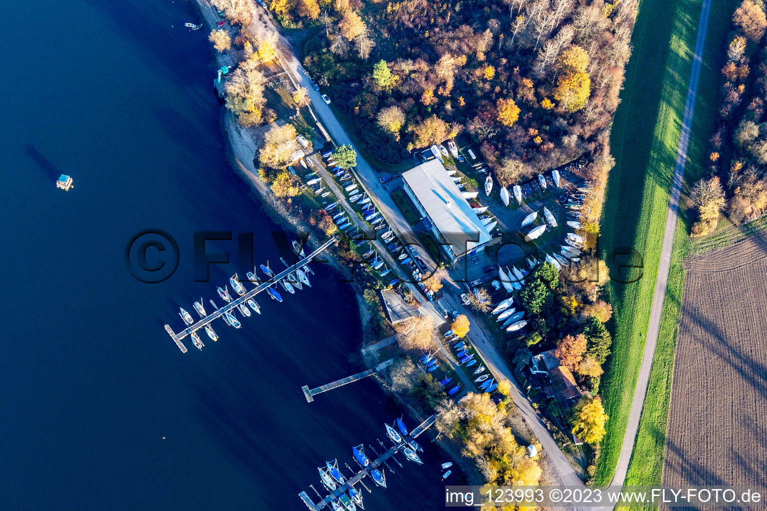 Pleasure boat marina with docks and moorings on the shore area of Segelclub RKC Woerth e.V. in Woerth am Rhein in the state Rhineland-Palatinate, Germany