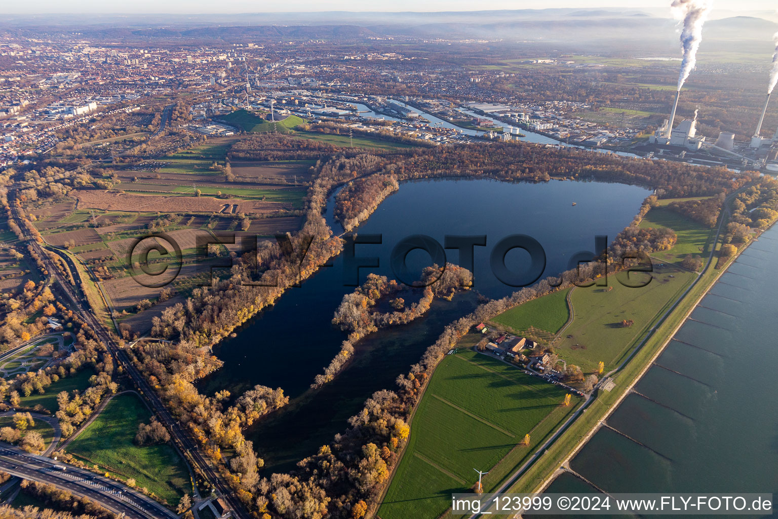 Knielinger See and Hofgut Maxau in the district Knielingen in Karlsruhe in the state Baden-Wuerttemberg, Germany