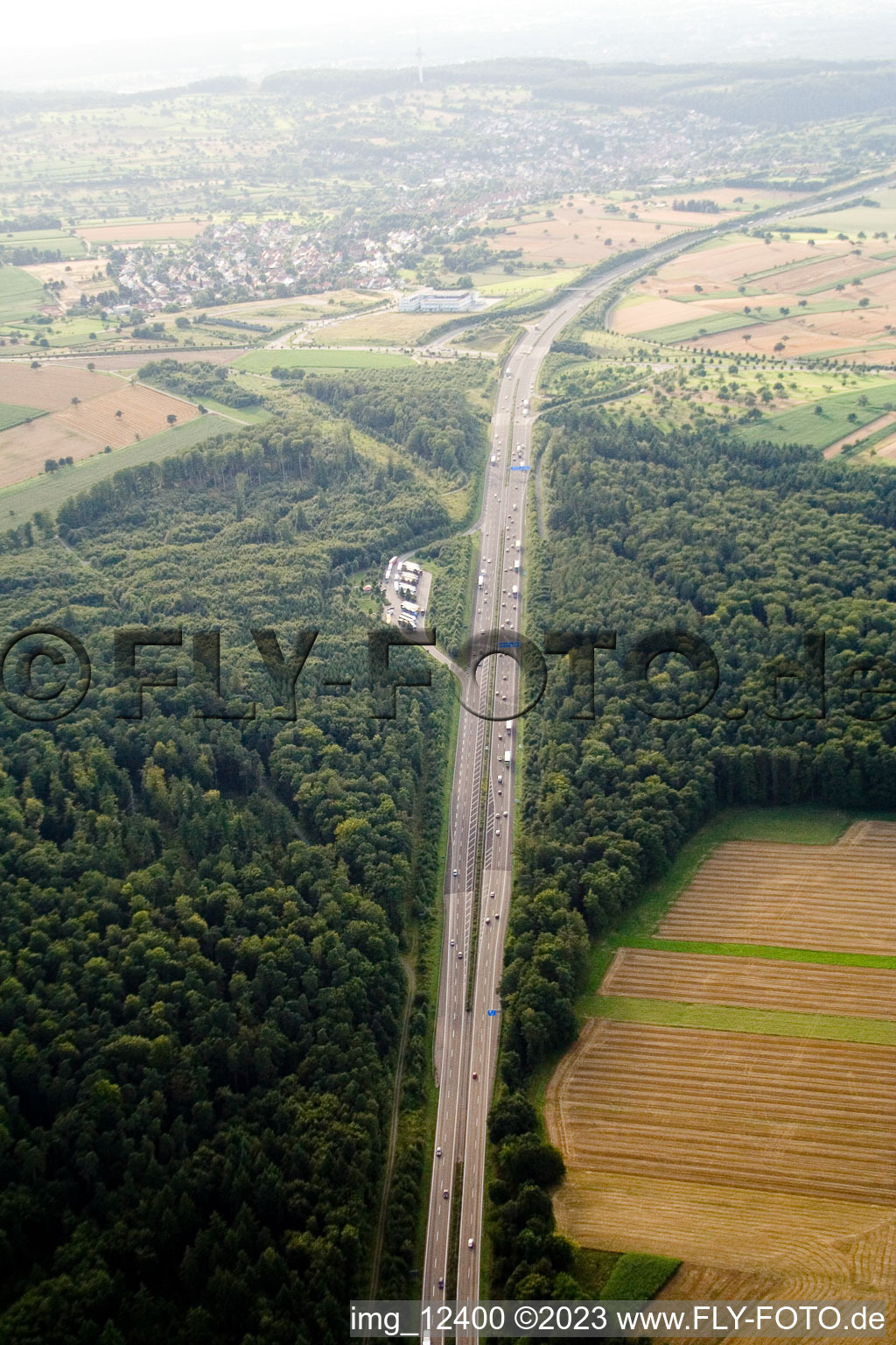 Aerial view of Mutschelbach, A8 motorway parking lot in the district Untermutschelbach in Karlsbad in the state Baden-Wuerttemberg, Germany