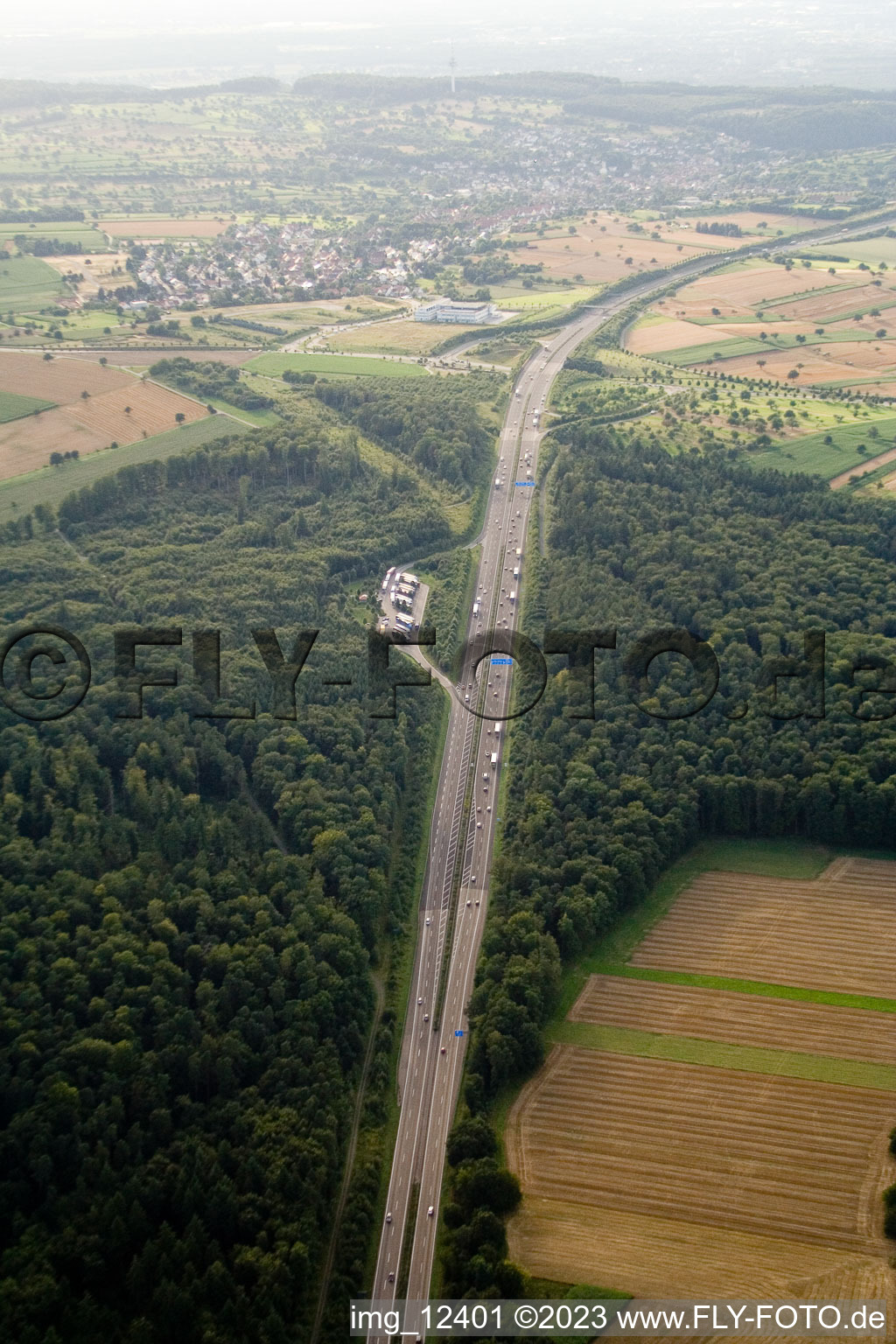 Aerial photograpy of Mutschelbach, A8 motorway parking lot in the district Untermutschelbach in Karlsbad in the state Baden-Wuerttemberg, Germany