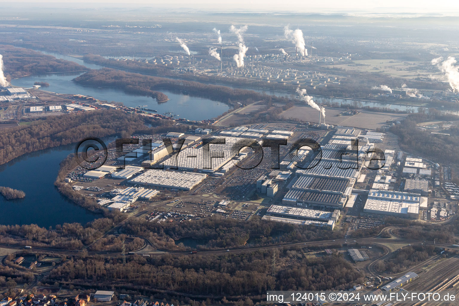 Aerial view of Building and production halls on the premises of the Daimler Truck AG in Woerth am Rhein in the state Rhineland-Palatinate, Germany