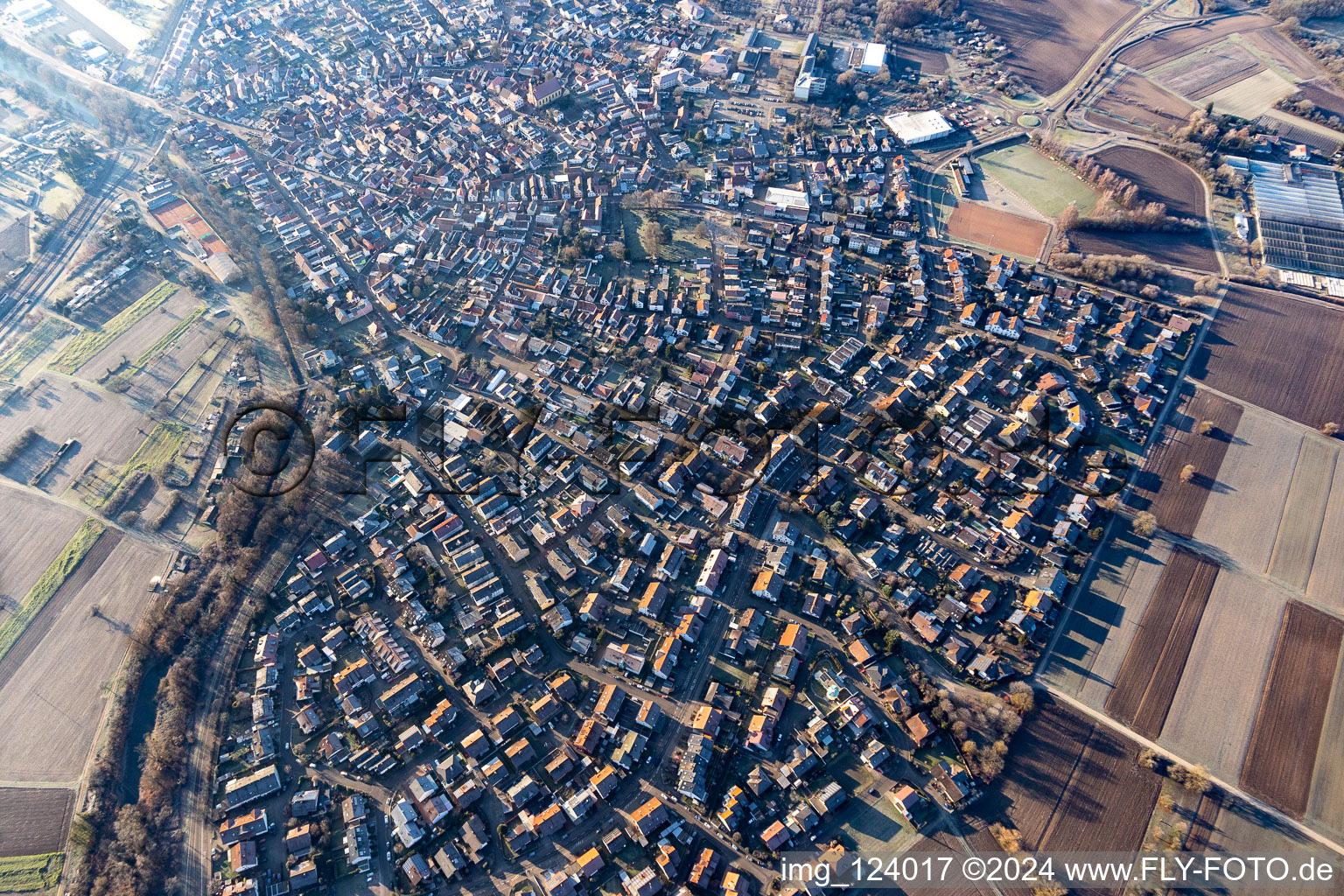 Hagenbach in the state Rhineland-Palatinate, Germany from the plane