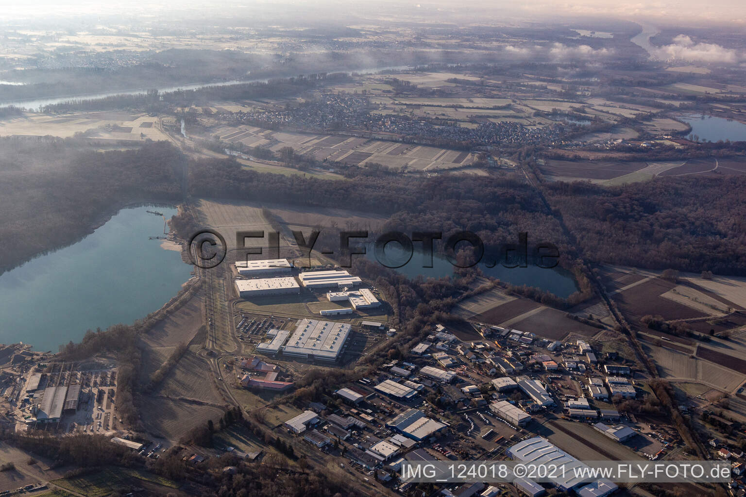 Aerial view of Industrial and commercial area with Faurecia, Groke Tueren, Linde+Wiemann and Noblesse in Hagenbach in the state Rhineland-Palatinate, Germany